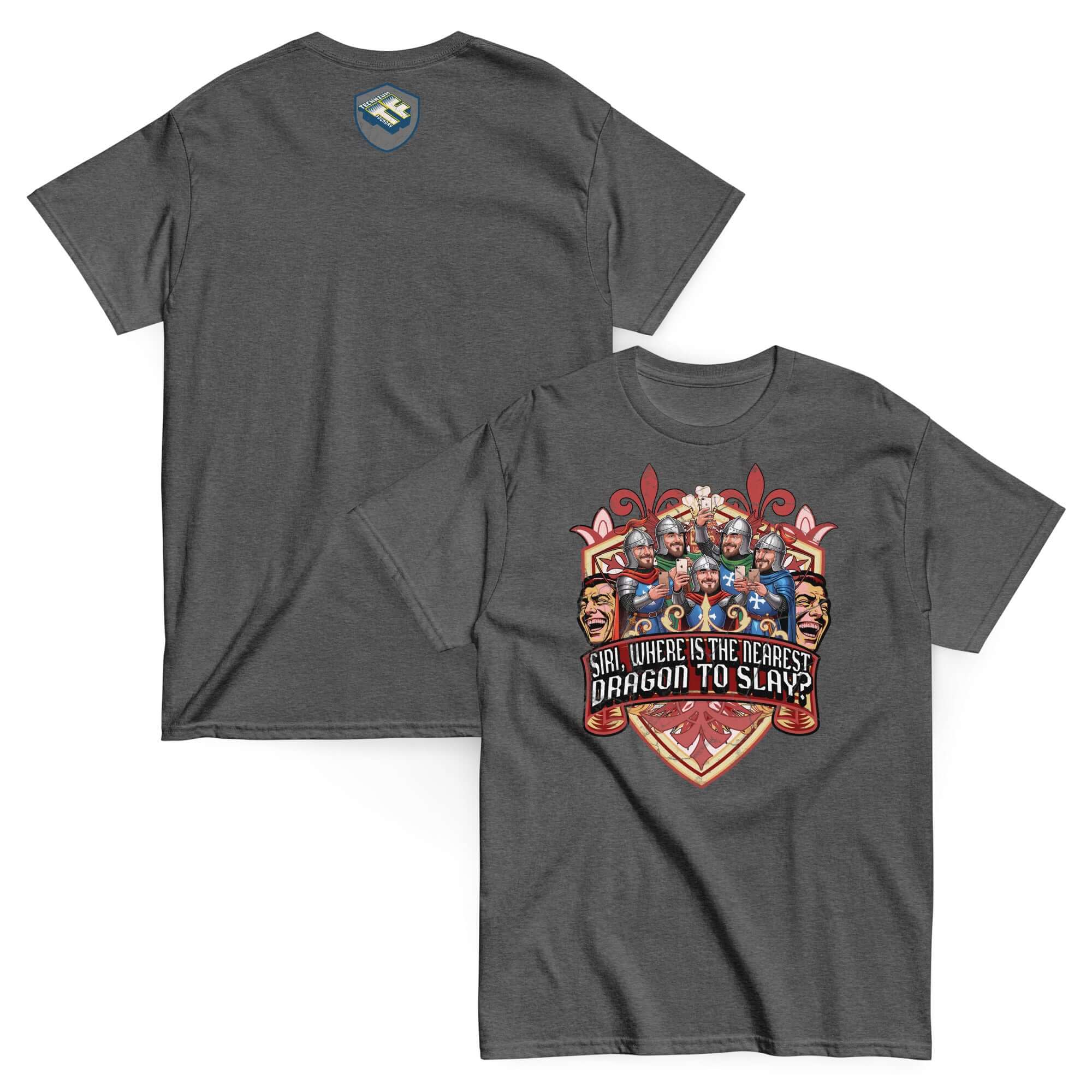 Medieval iPhone t-shirt with knights using smartphones and "Siri, Where Is The Nearest Dragon To Slay?" text, on gray fabric.