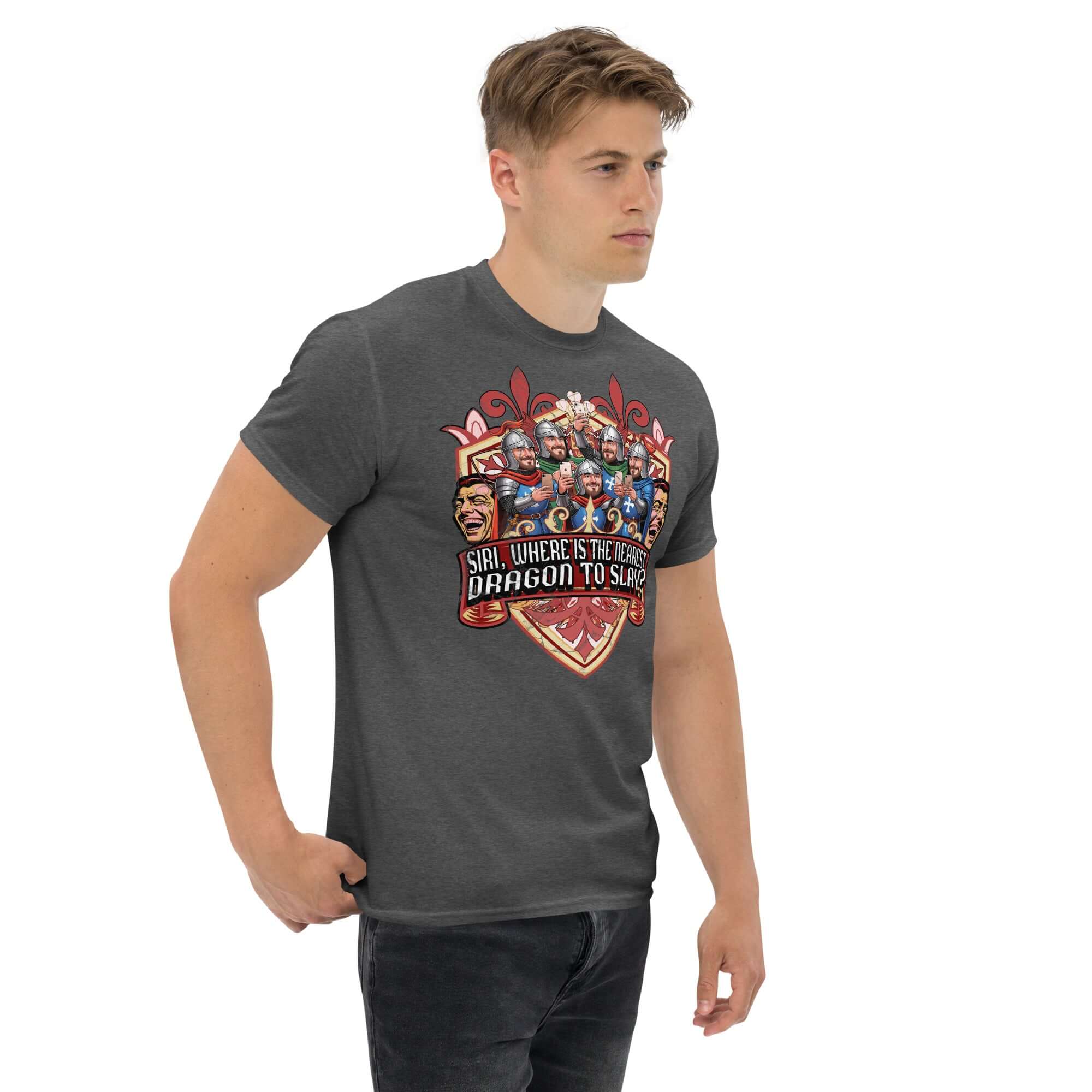 Medieval iPhone T-shirt featuring knights with smartphones and text "SIRI, WHERE IS THE NEAREST DRAGON TO SLAY?" on a heraldic shield.