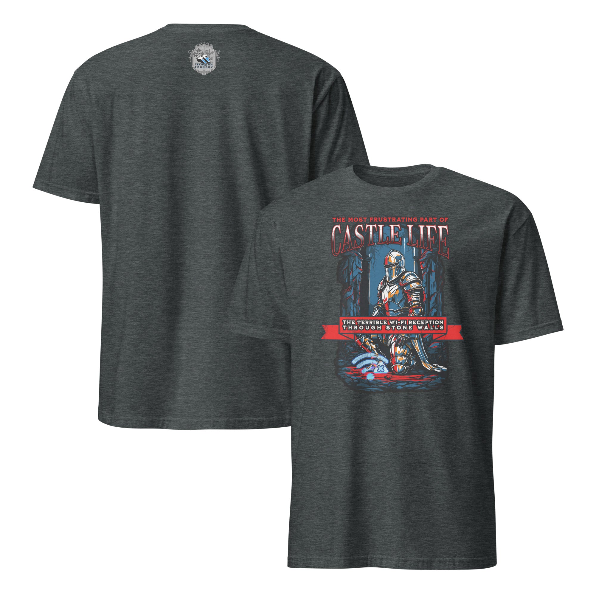 Humorous medieval t-shirt with knight illustration and text about poor Wi-Fi in castles, highlighting modern frustrations in historic settings.