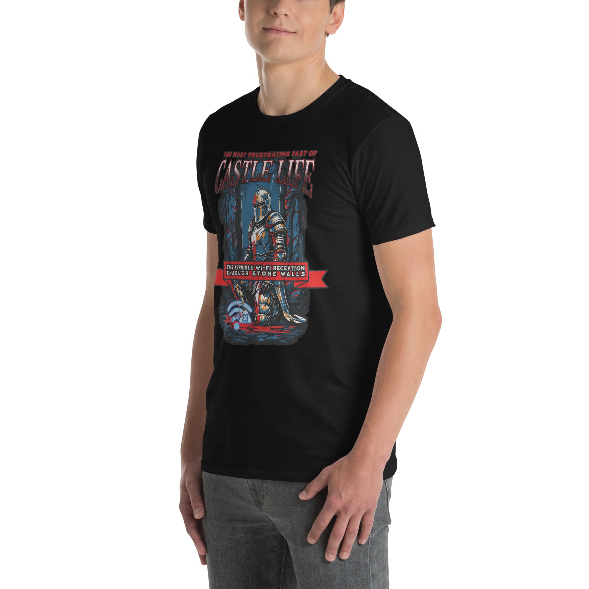 Medieval Wi-Fi Humor T-Shirt with knight in armor, depicting the struggles of castle life with poor internet reception.