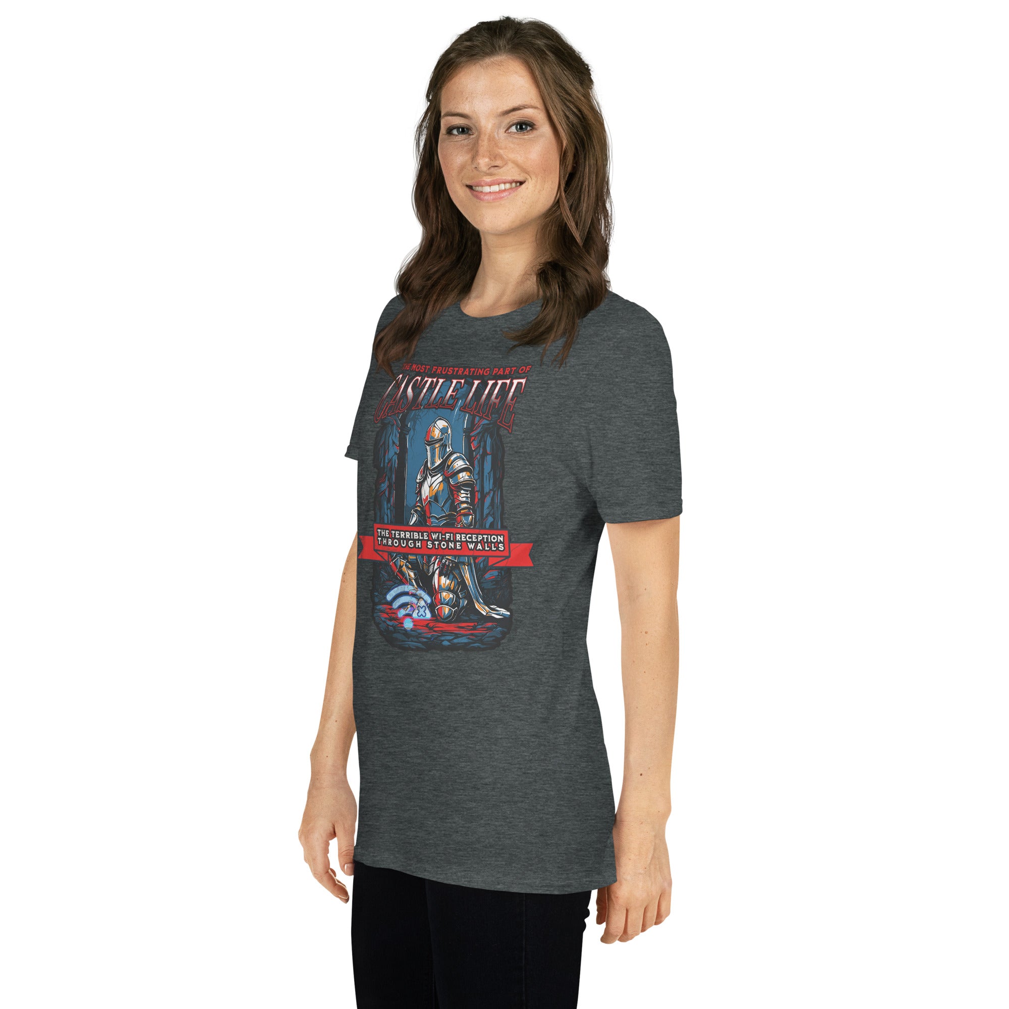 Woman wearing 'Castle Life' t-shirt featuring medieval knight and Wi-Fi humor design.