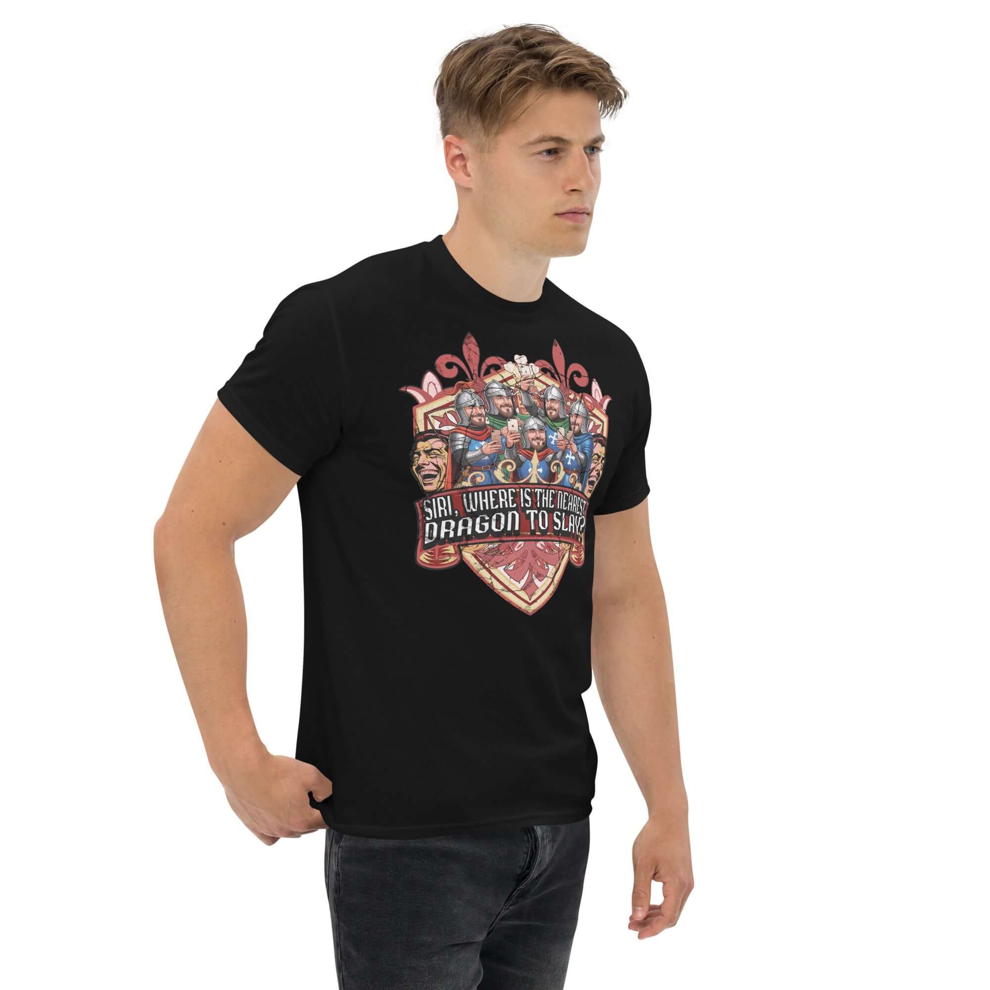 Medieval iPhone t-shirt featuring knights with smartphones and humorous text "Siri, Where Is The Nearest Dragon To Slay?" on black fabric.