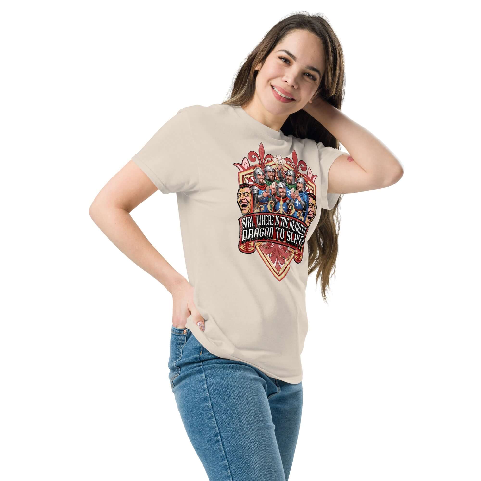 Woman wearing a medieval iPhone t-shirt with knights and smartphones, text saying "SIRI, WHERE IS THE NEAREST DRAGON TO SLAY?"