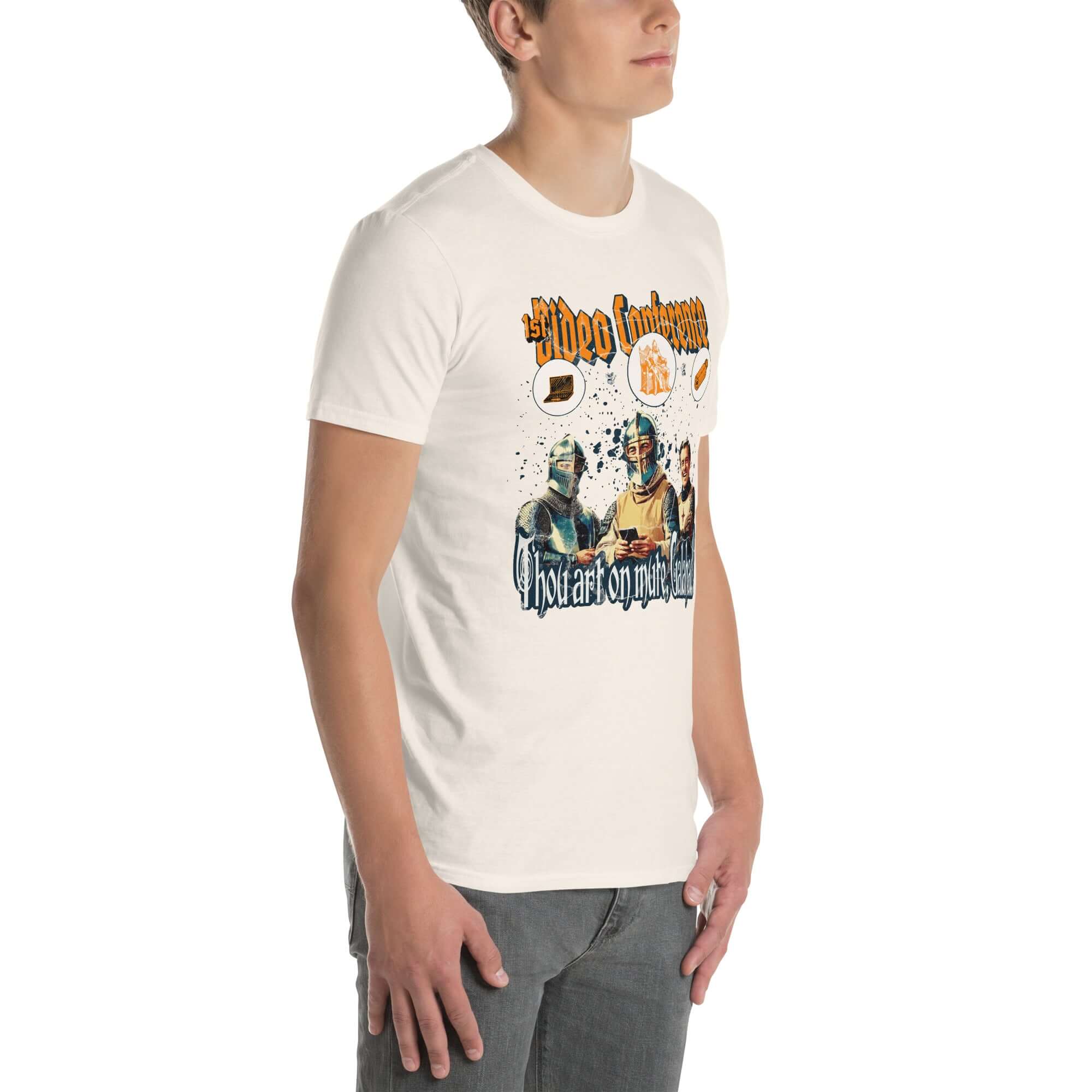Alt Tag: Man wearing '1st Video Conference' medieval Zoom humor t-shirt with knights and humorous text 'Thou Art On Mute, Galahad!'