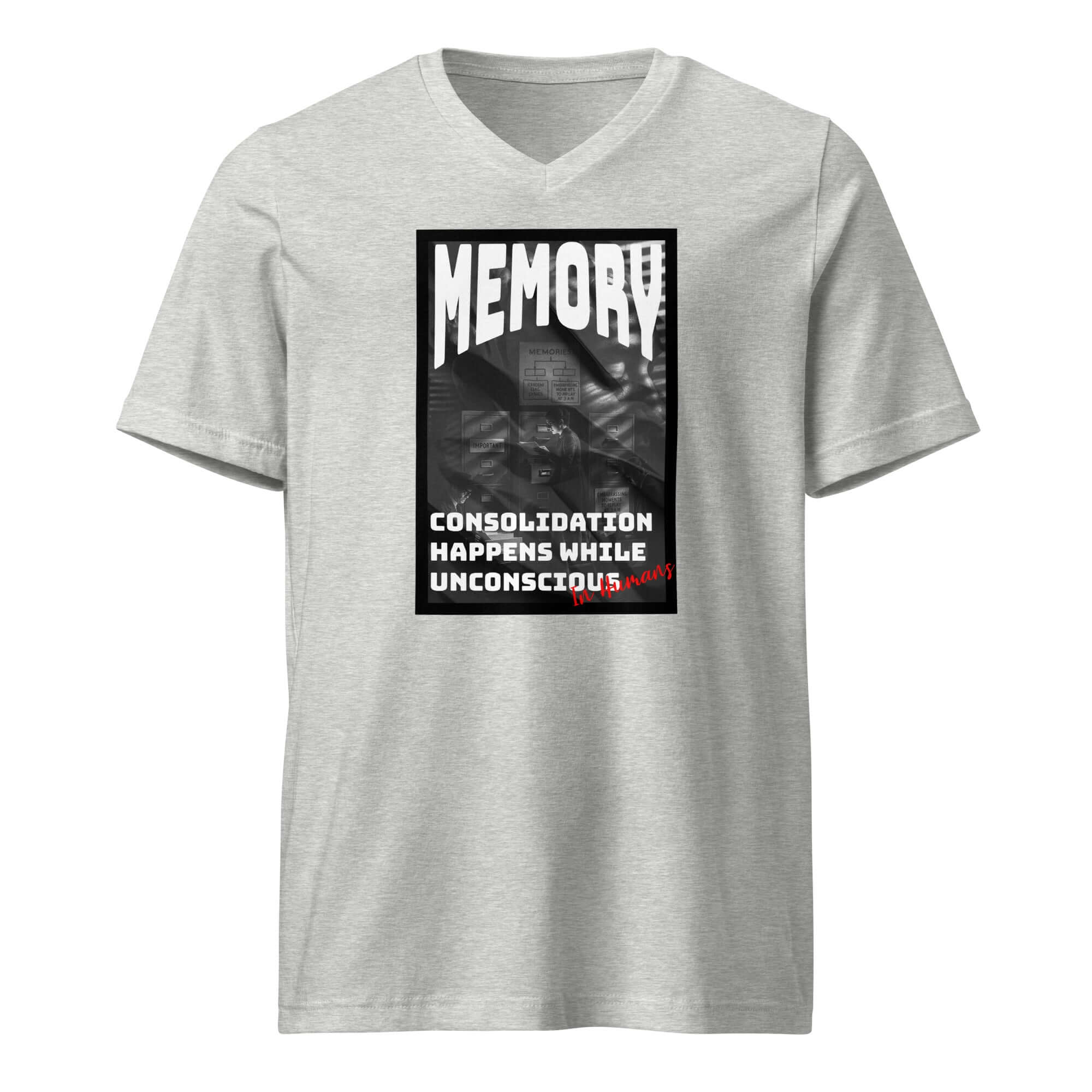 Memory T-Shirt with text 'Consolidation Happens While Unconscious' in vintage noir design on grey fabric. Neuroscience-inspired apparel.
