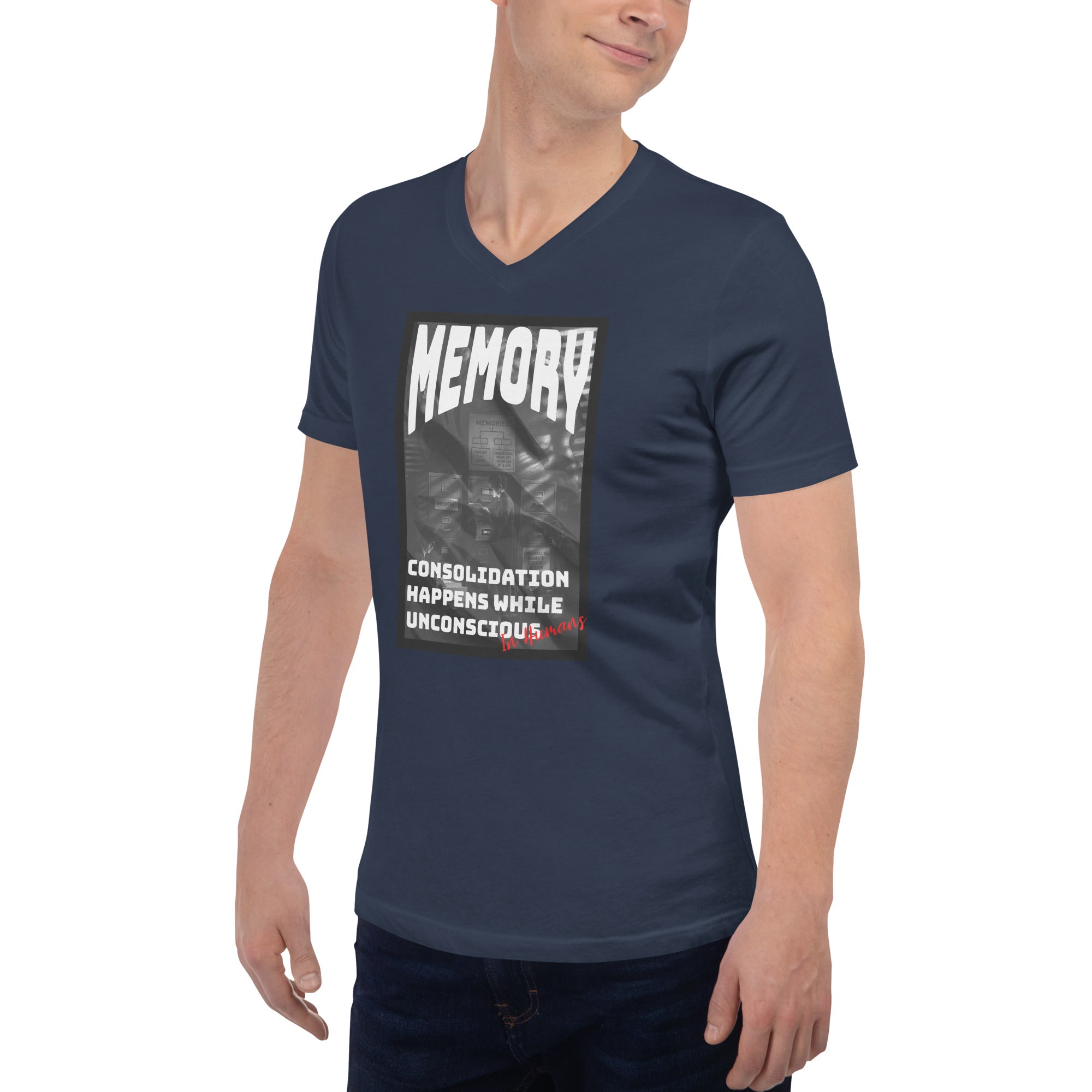 Navy blue Memory T-shirt with 'Consolidation Happens While Unconscious' print, featuring a vintage neuroscience design.