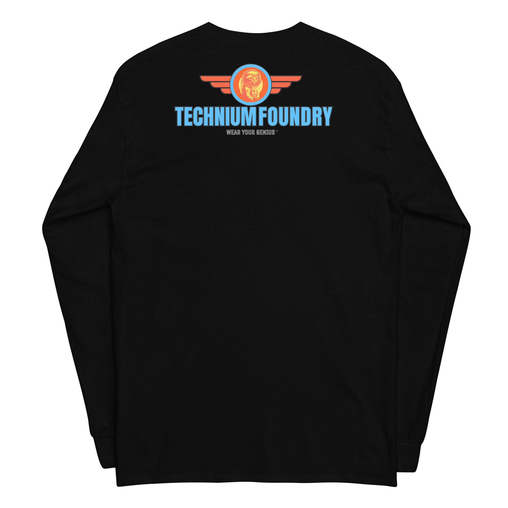 Black long sleeve t-shirt with Technium Foundry logo, featuring retro vintage skateboarding design and orange lion emblem.