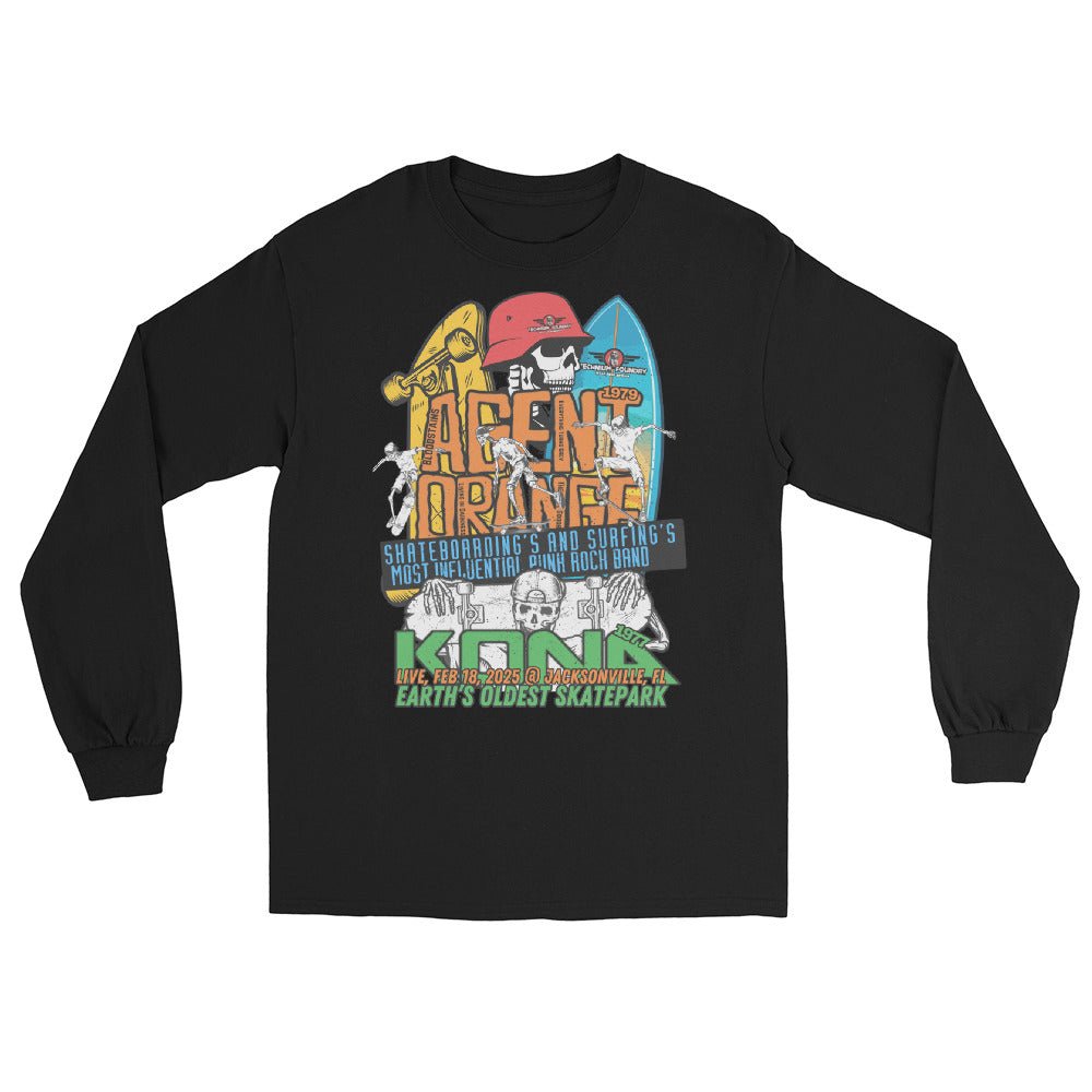 Kona Agent Orange long sleeve T-shirt with vintage skateboarding graphics celebrating Earth's oldest skatepark, vibrant retro design.