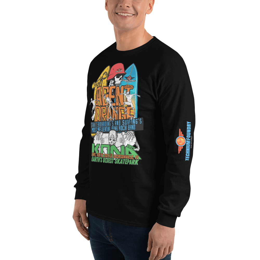Kona Agent Orange long sleeve T-shirt with retro surf graphics, celebrating skateboarding history at Earth's oldest skatepark.