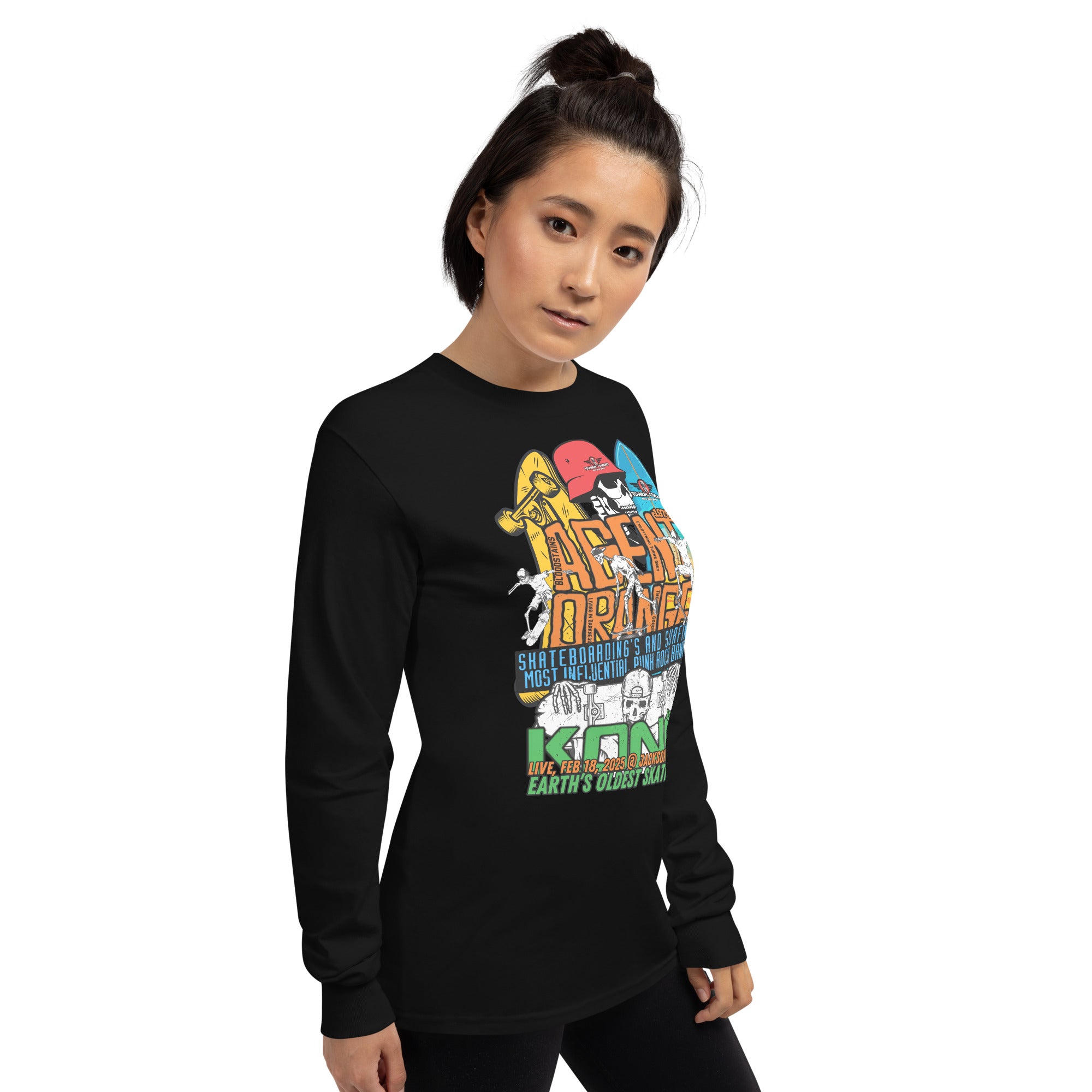 Model wearing Kona Agent Orange Long Sleeve T-Shirt with vintage skate graphics, celebrating Earth's oldest skatepark.