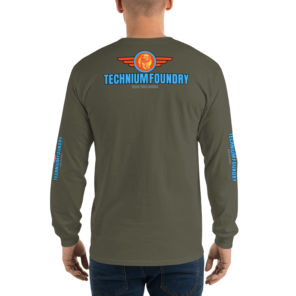 Back view of a long sleeve shirt featuring the logo of Technium Foundry in blue with orange details and text on both sleeves.