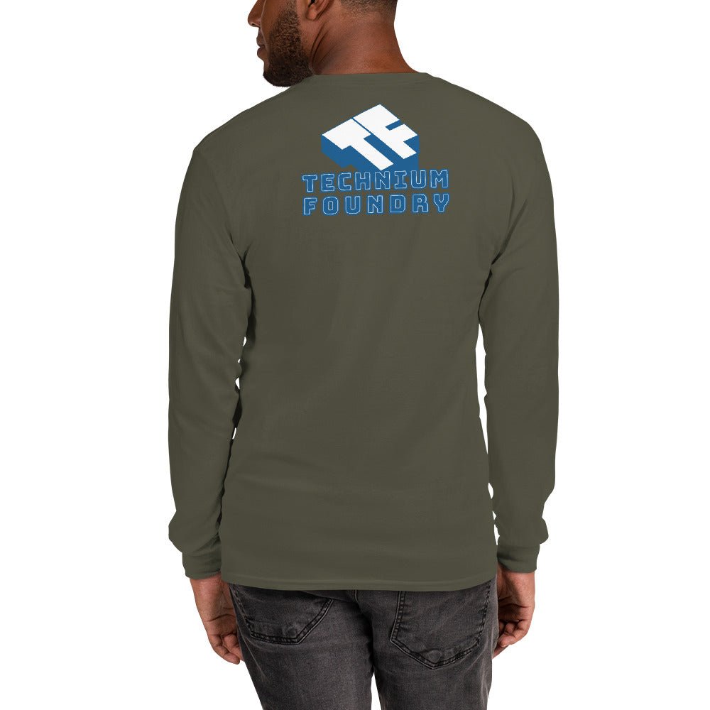 Back view of a man wearing an olive green long sleeve shirt with "Technium Foundry" logo in blue.