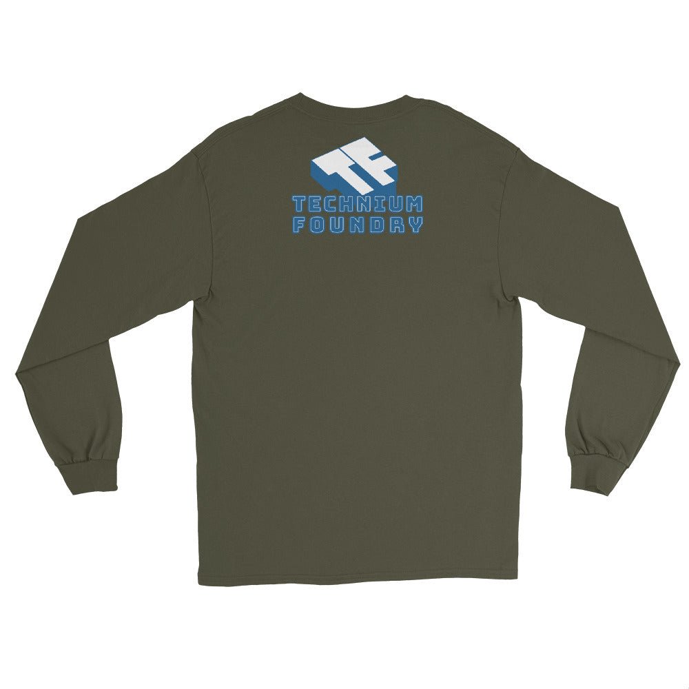 Back view of a dark green long sleeve shirt with blue "Technium Foundry" logo printed on the upper back, showcasing casual style.