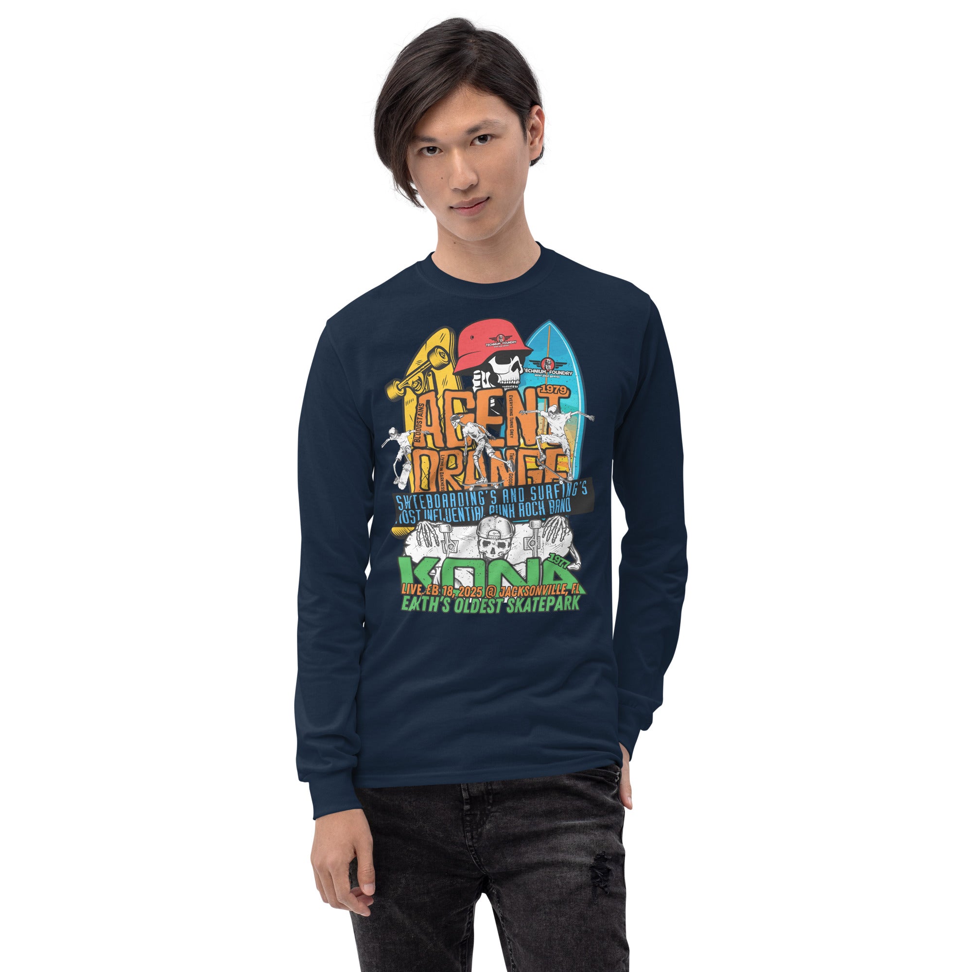 Kona Agent Orange long sleeve t-shirt with vintage skateboarding graphics and surf-style design, celebrating skate history.