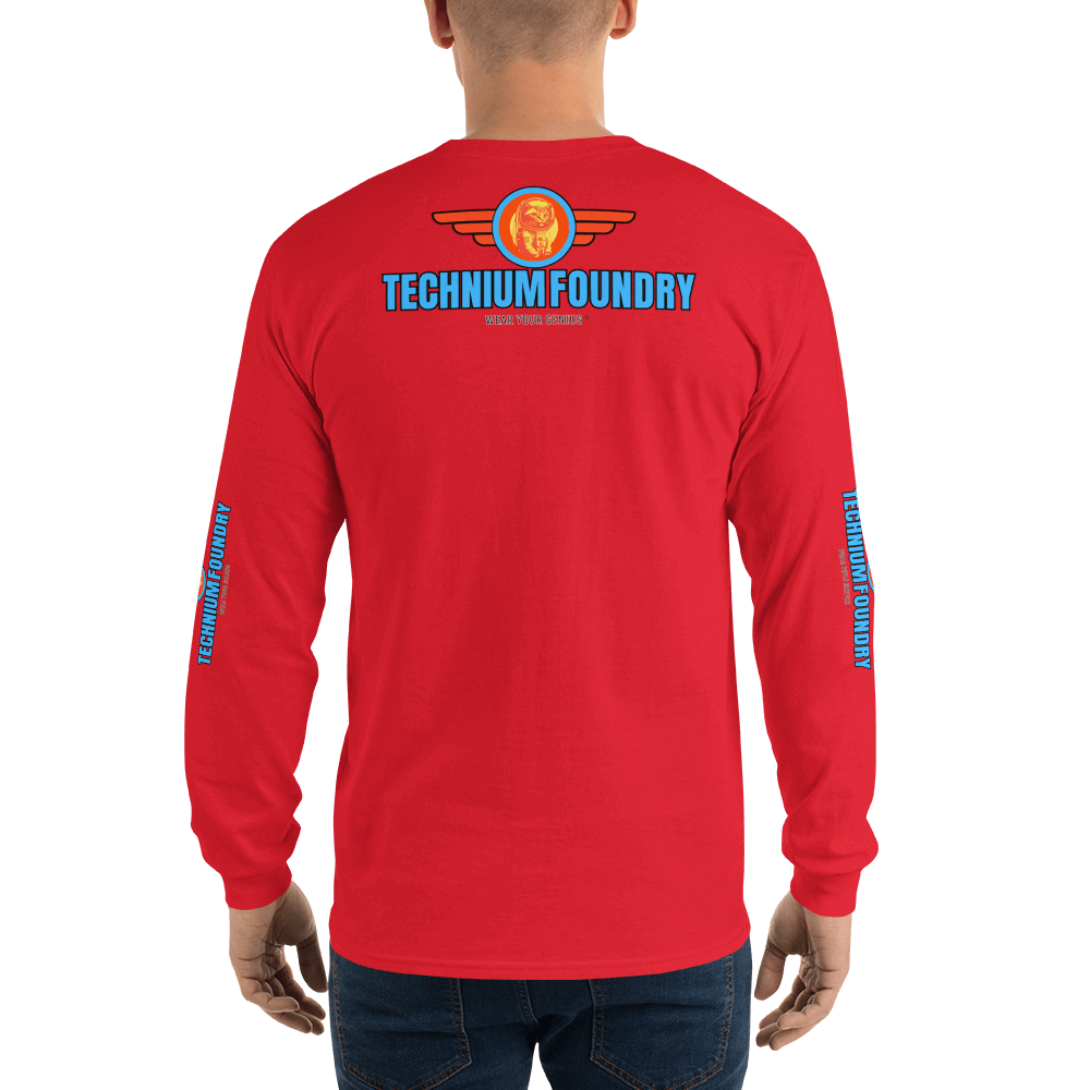 Red long sleeve shirt with TechniumFoundry logo and design on the back