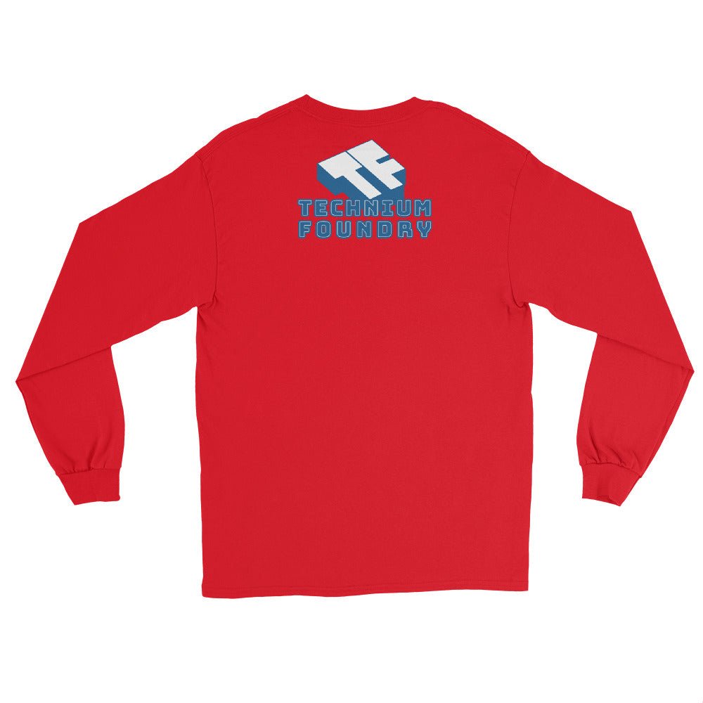 Red long sleeve t-shirt with blue Technium Foundry logo on the back, showcasing bold, geometric design.