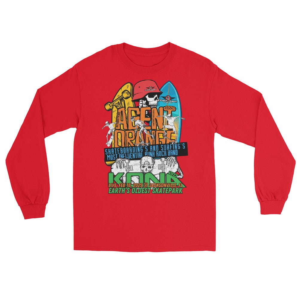 Kona Agent Orange long sleeve skateboarding event t-shirt featuring vintage surf-style graphics celebrating skate history.