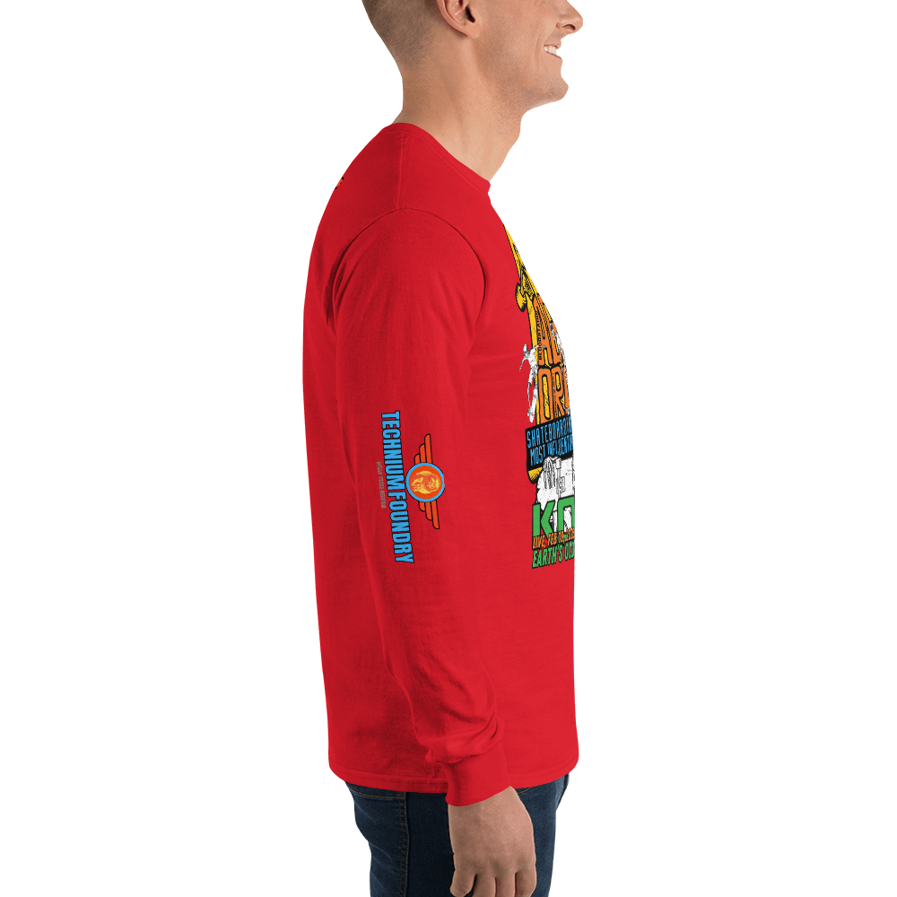 Side view of Kona Agent Orange long sleeve t-shirt, featuring colorful skateboarding event graphics and vintage surf-style design.