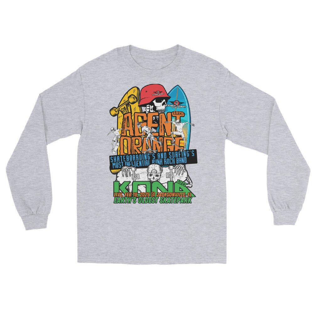 Kona Agent Orange long sleeve t-shirt featuring vintage skateboarding and surf graphics, spotlighting Earth's oldest skatepark.