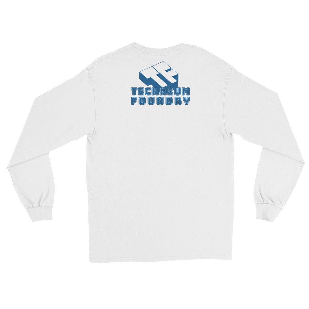White long sleeve t-shirt with 'Technium Foundry' blue logo on back.
