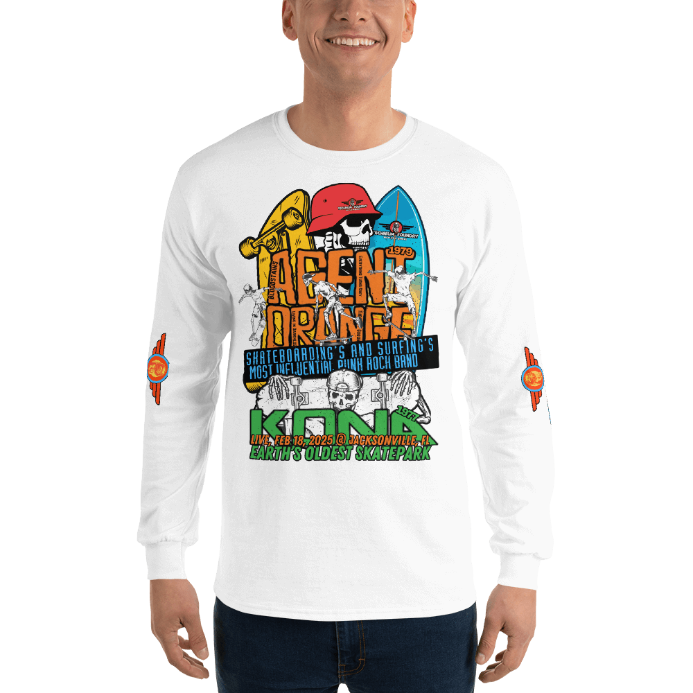 Agent Orange Kona long sleeve skateboarding event T-shirt with vintage surf and skate graphics.