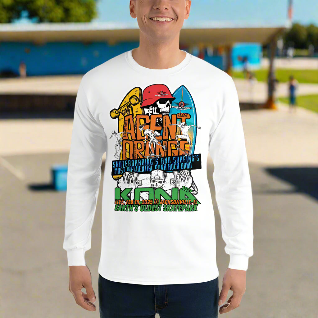Kona Agent Orange long sleeve skateboarding T-shirt featuring retro designs and tributes to iconic skate venues.