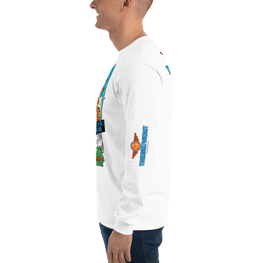Man wearing Kona Agent Orange long sleeve skateboarding T-shirt, featuring vintage surf-style graphics and skatepark tribute.
