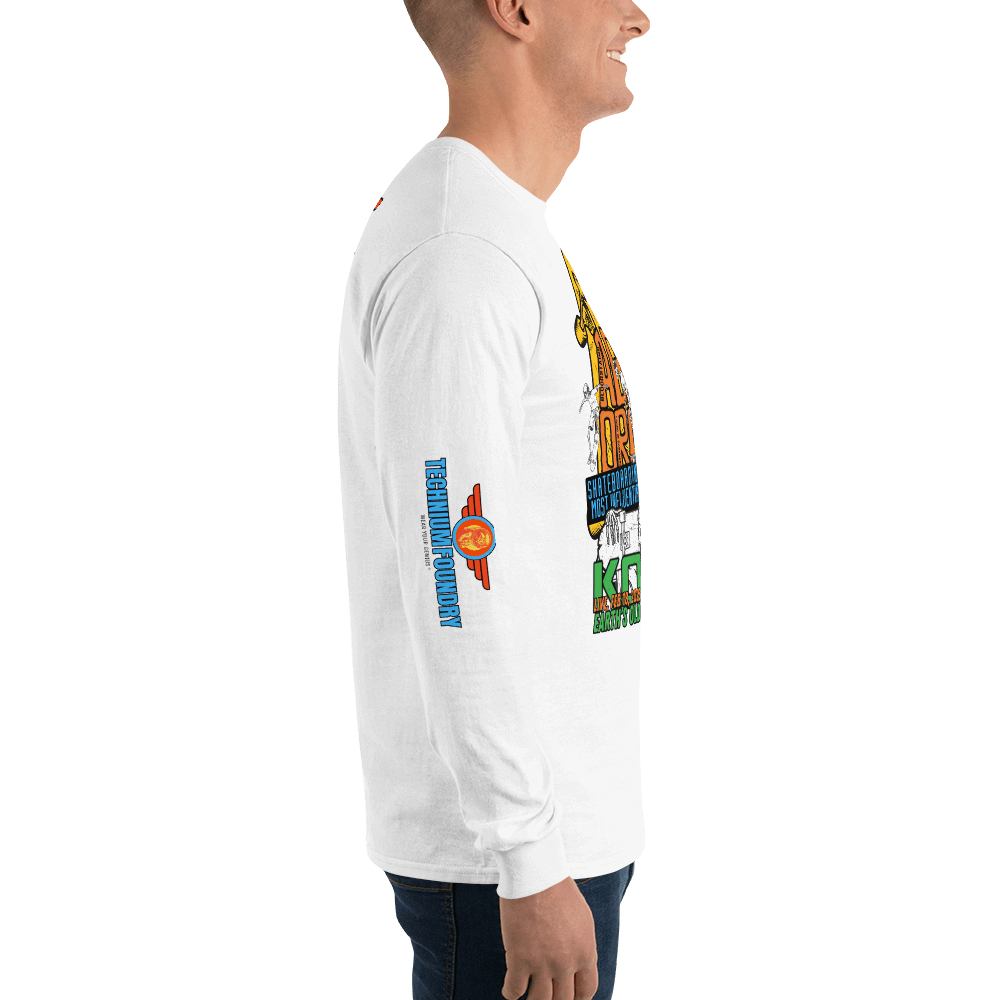 Side view of Kona Agent Orange long sleeve skateboarding event t-shirt with vintage graphics and retro surf-style design.