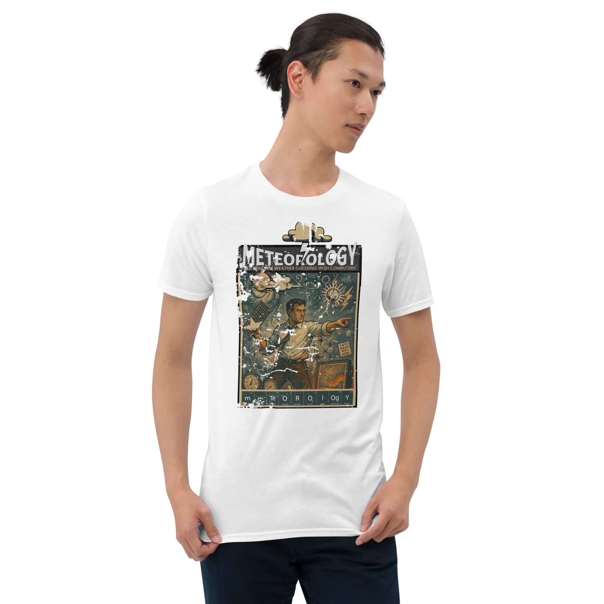 Vintage meteorology t-shirt featuring a whimsical poster, celebrating weather prediction with humor and style.
