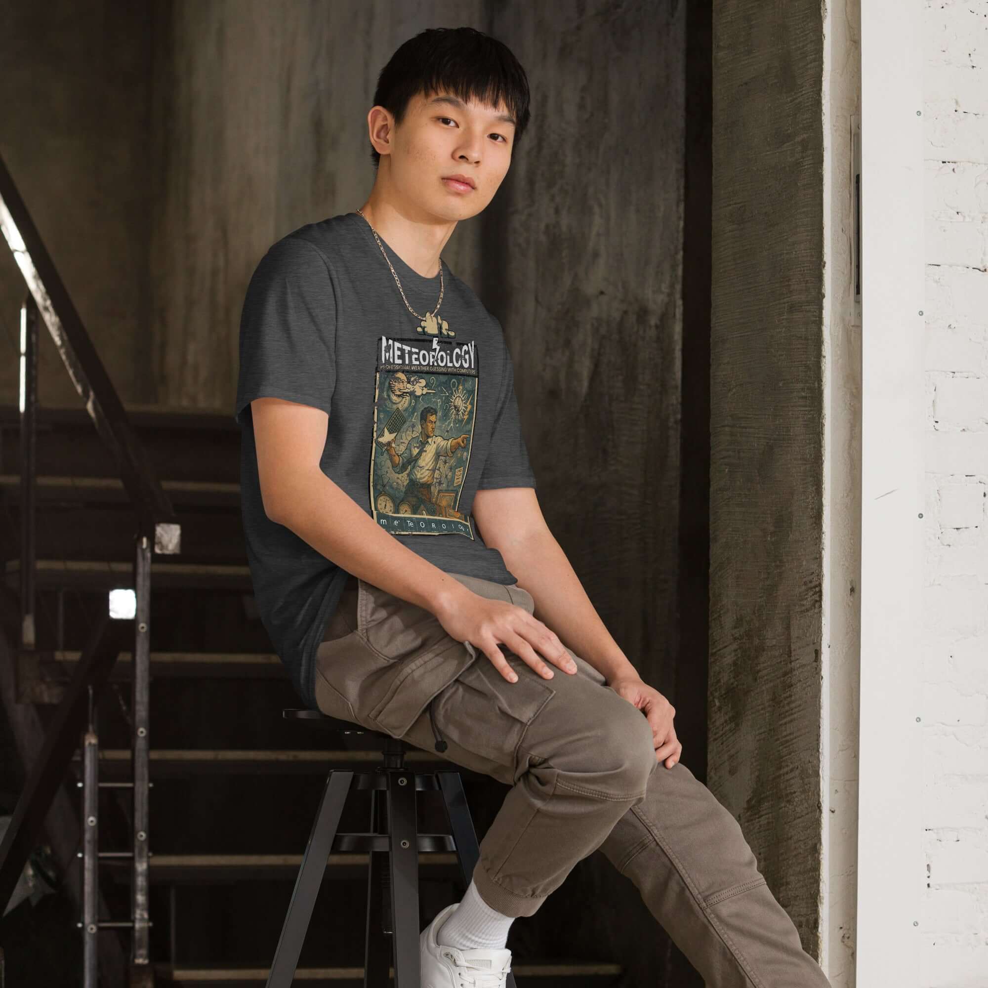 Model wearing Meteorology T-Shirt with vintage weather-guessing design, sitting on a stool in an industrial setting.