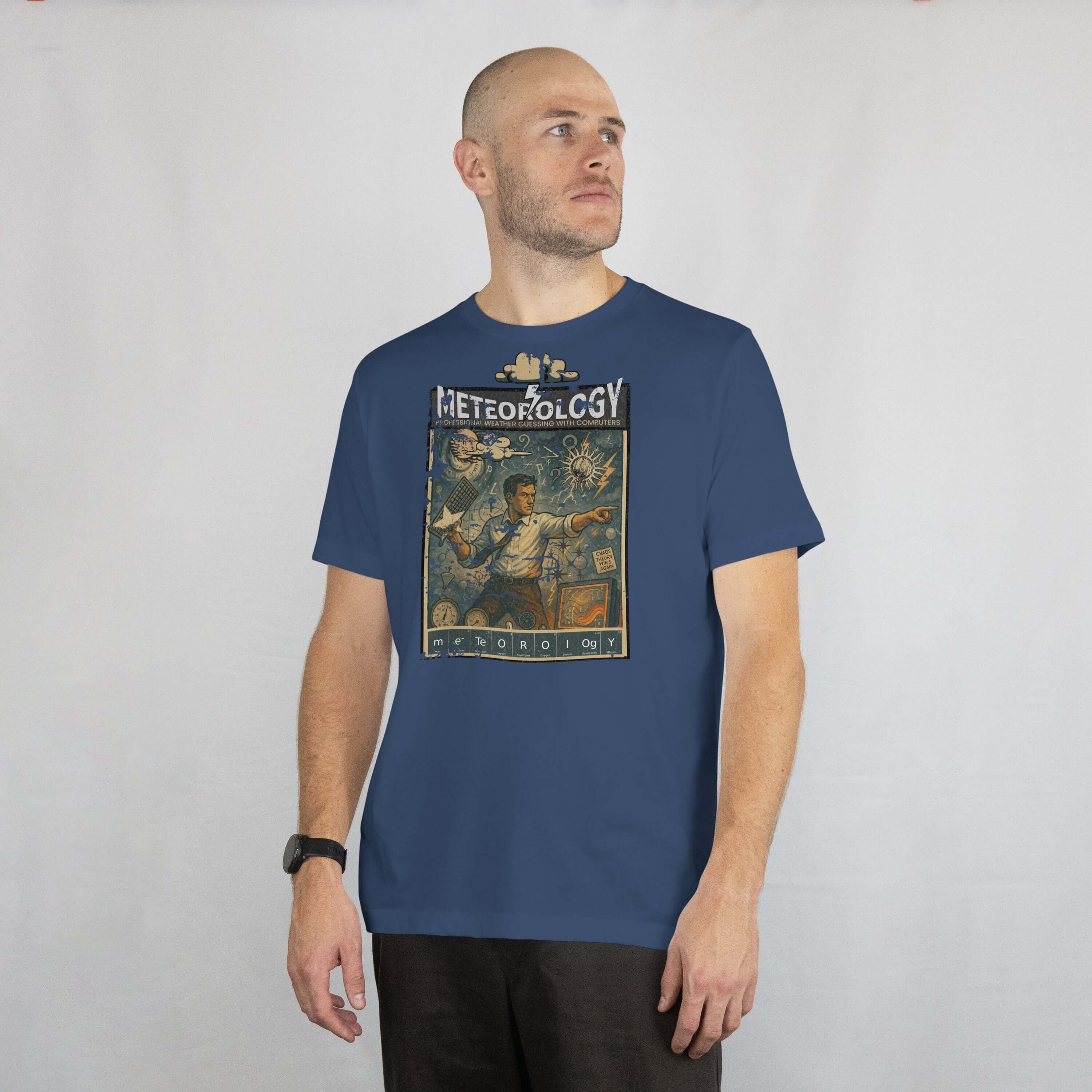 Man wearing a blue Meteorology T-Shirt with vintage weather prediction design, blending humor and science.