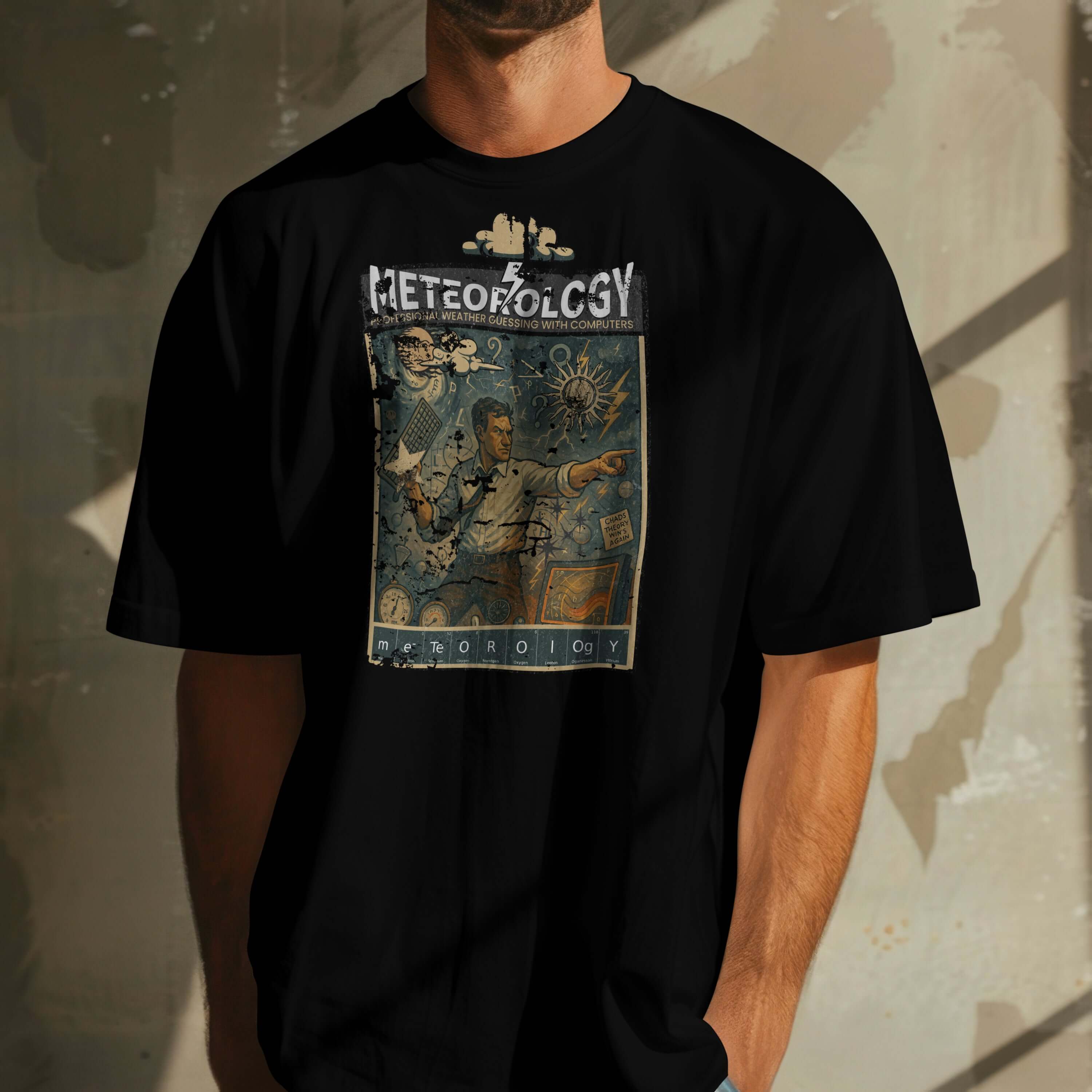 Vintage Meteorology T-Shirt featuring heroic weather forecaster, blends humor with scientific precision in stylish design.