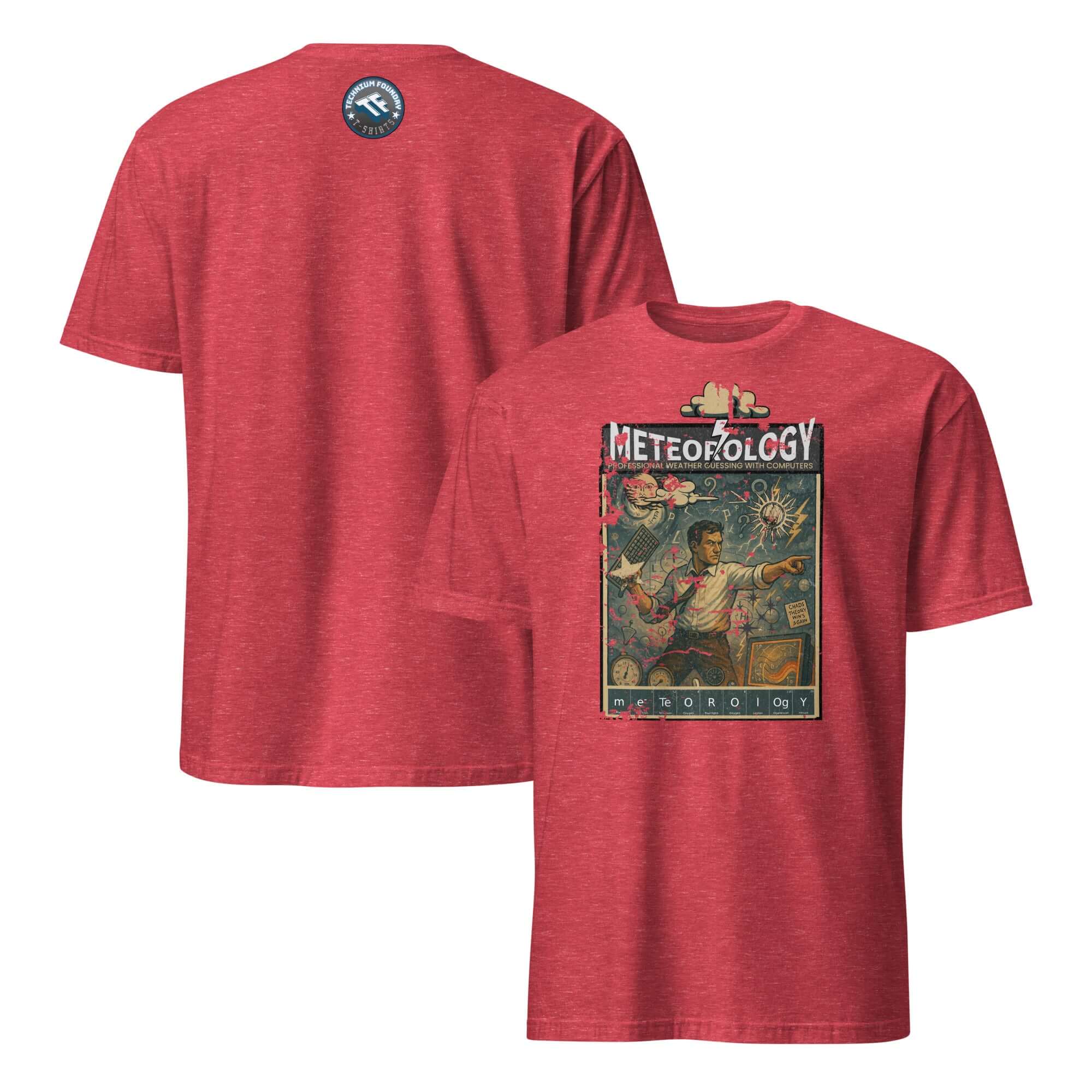 Red Meteorology T-shirt featuring vintage weather forecasting poster design.