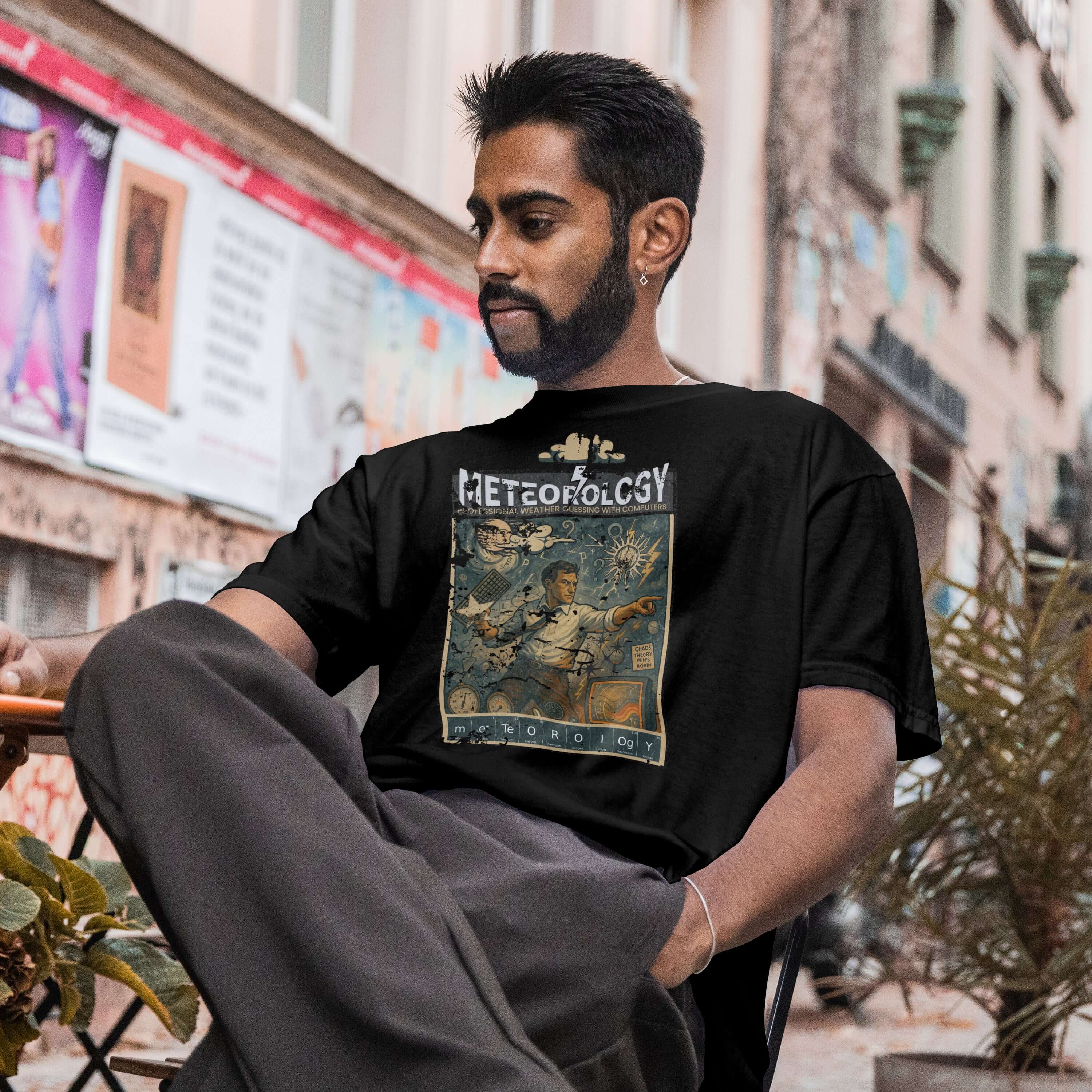 Man wearing a vintage-style Meteorology T-shirt, featuring a humorous design about professional weather prediction.