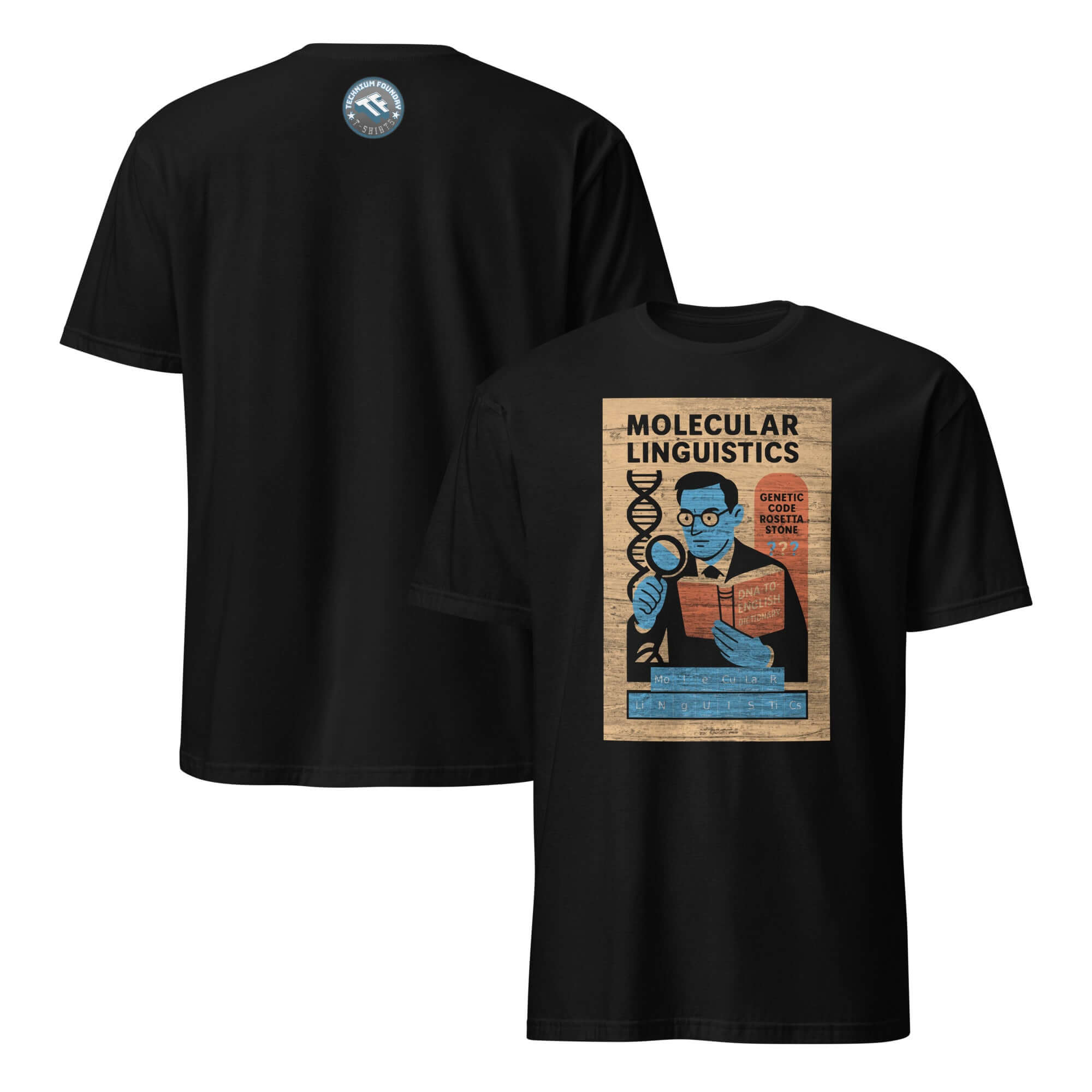 Molecular Linguistics T-Shirt featuring DNA-to-English Dictionary design on a black vintage-style academic themed tee.