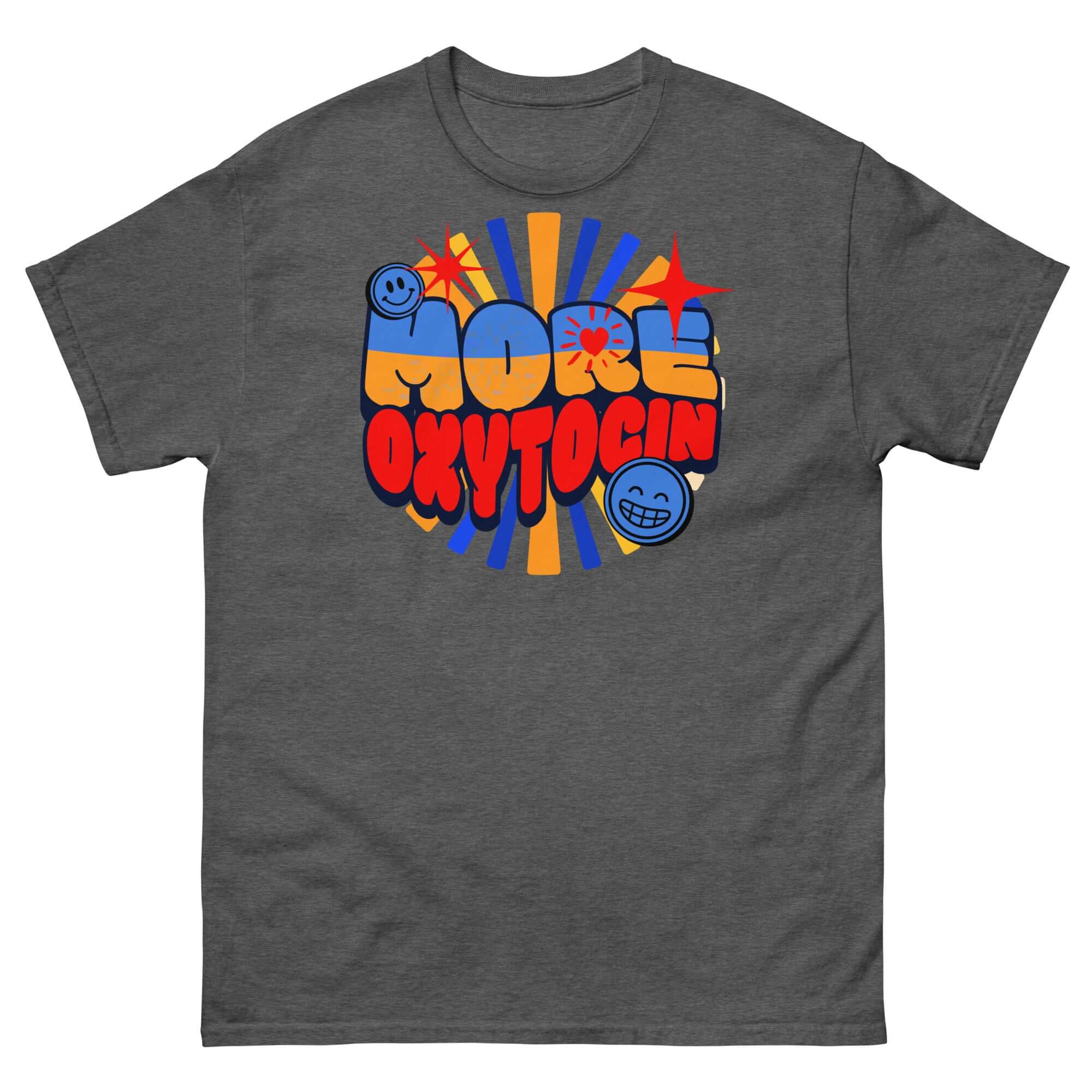 Retro More Oxytocin T-shirt with colorful bubble letters celebrating love hormone, neurotransmitter fashion in gray and blue.