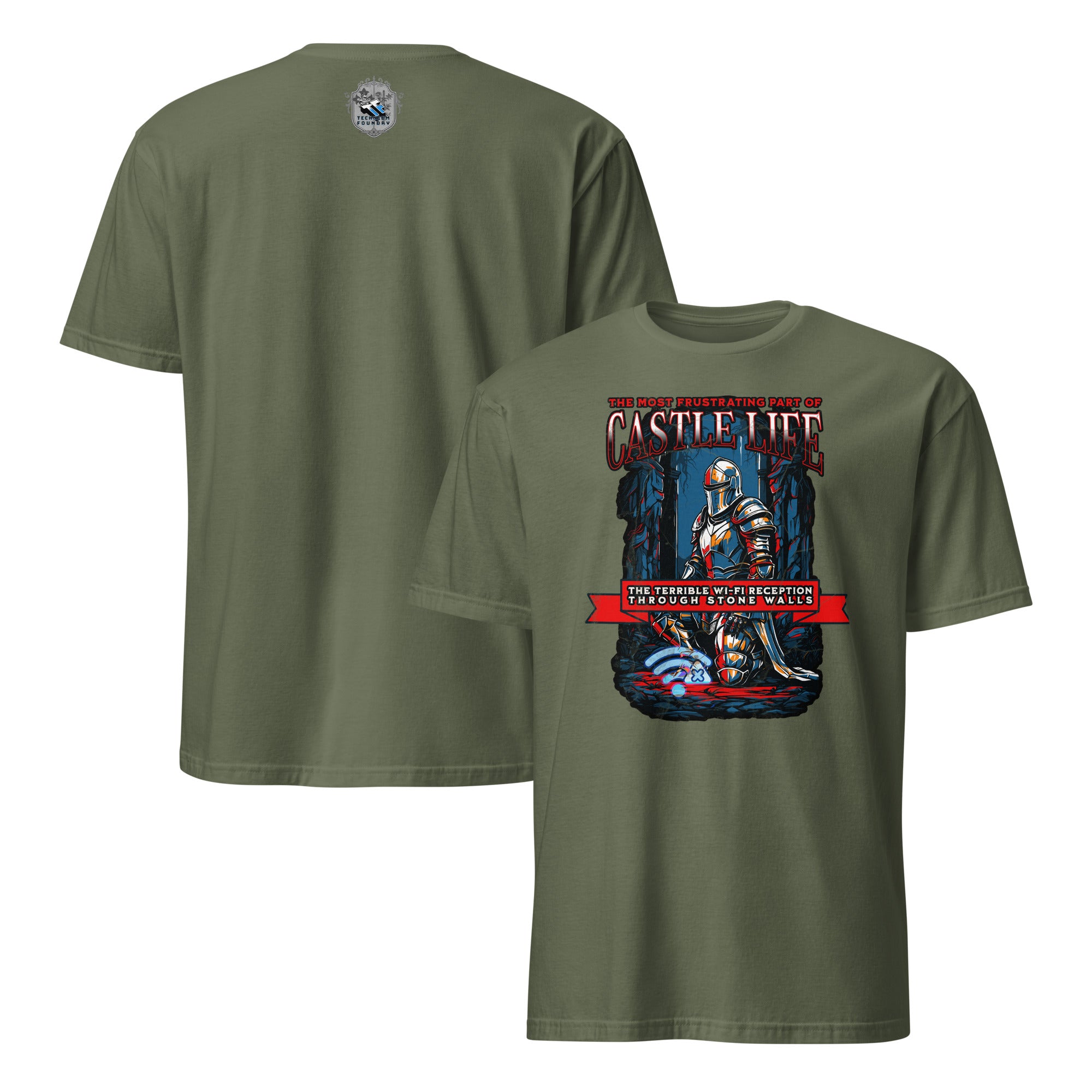 Green t-shirt with medieval knight graphic, featuring humorous text on poor Wi-Fi in castles. Perfect for fans of medieval humor.