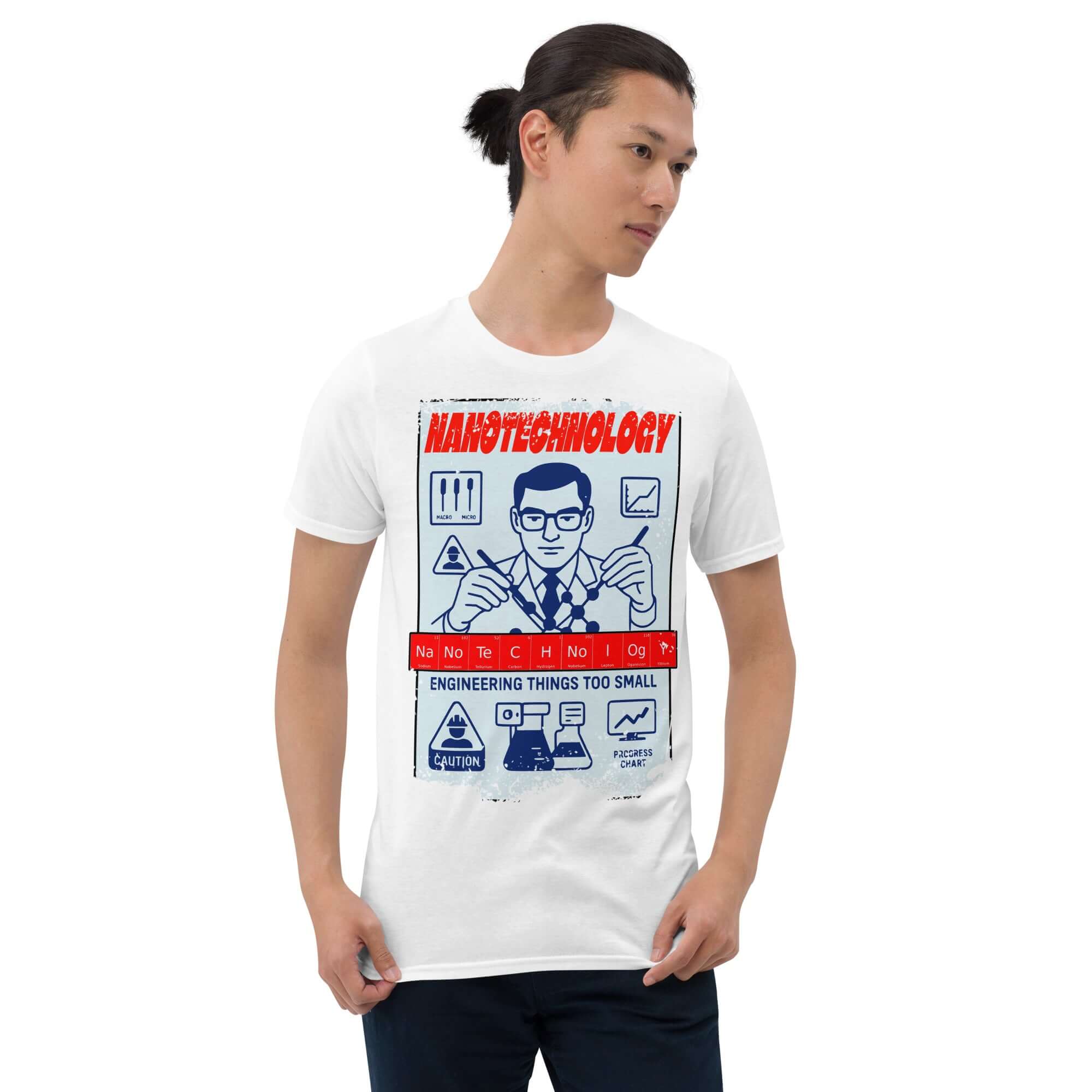 Person wearing Nanotechnology T-shirt with vintage industrial design, showcasing humor in molecular engineering and atomic scale construction.