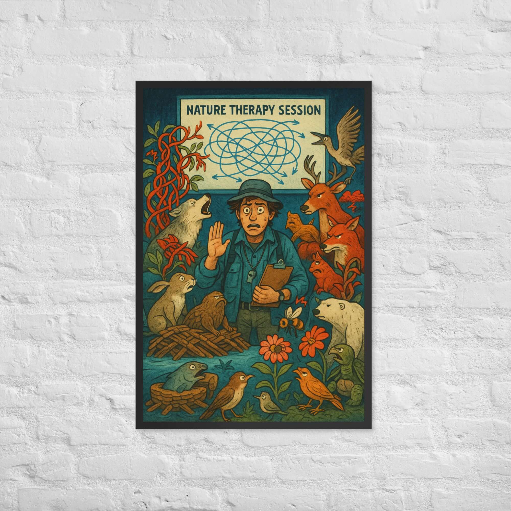 Alt Tag: Vintage 'Nature Therapy Session' wall poster with wildlife illustration and intricate ecosystem dynamics.