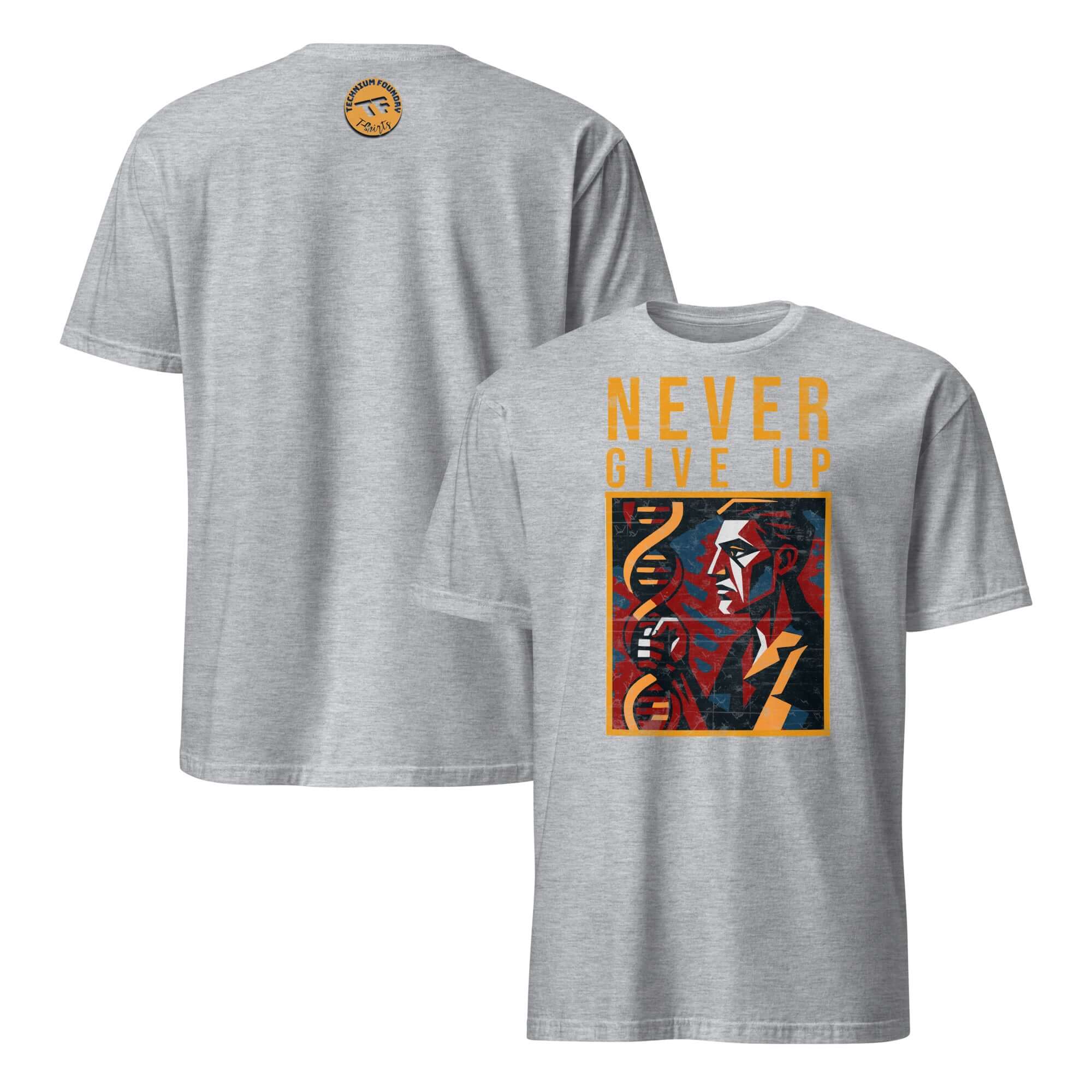 Never Give Up DNA Science T-Shirt featuring double helix design and motivational slogan for genetic research enthusiasts.