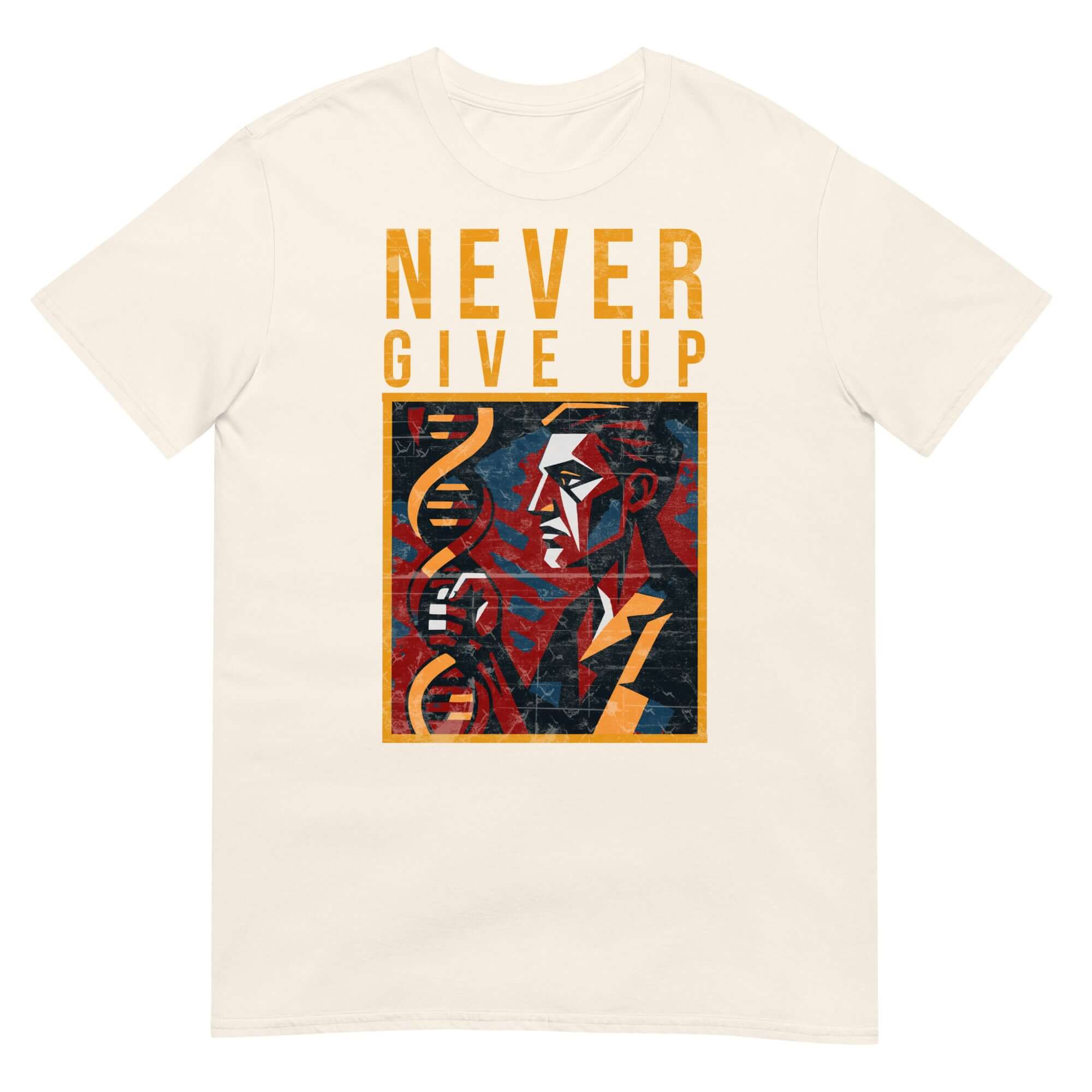 T-shirt featuring 'NEVER GIVE UP' slogan with DNA helix and abstract face, promoting scientific persistence and motivation for genetic research.