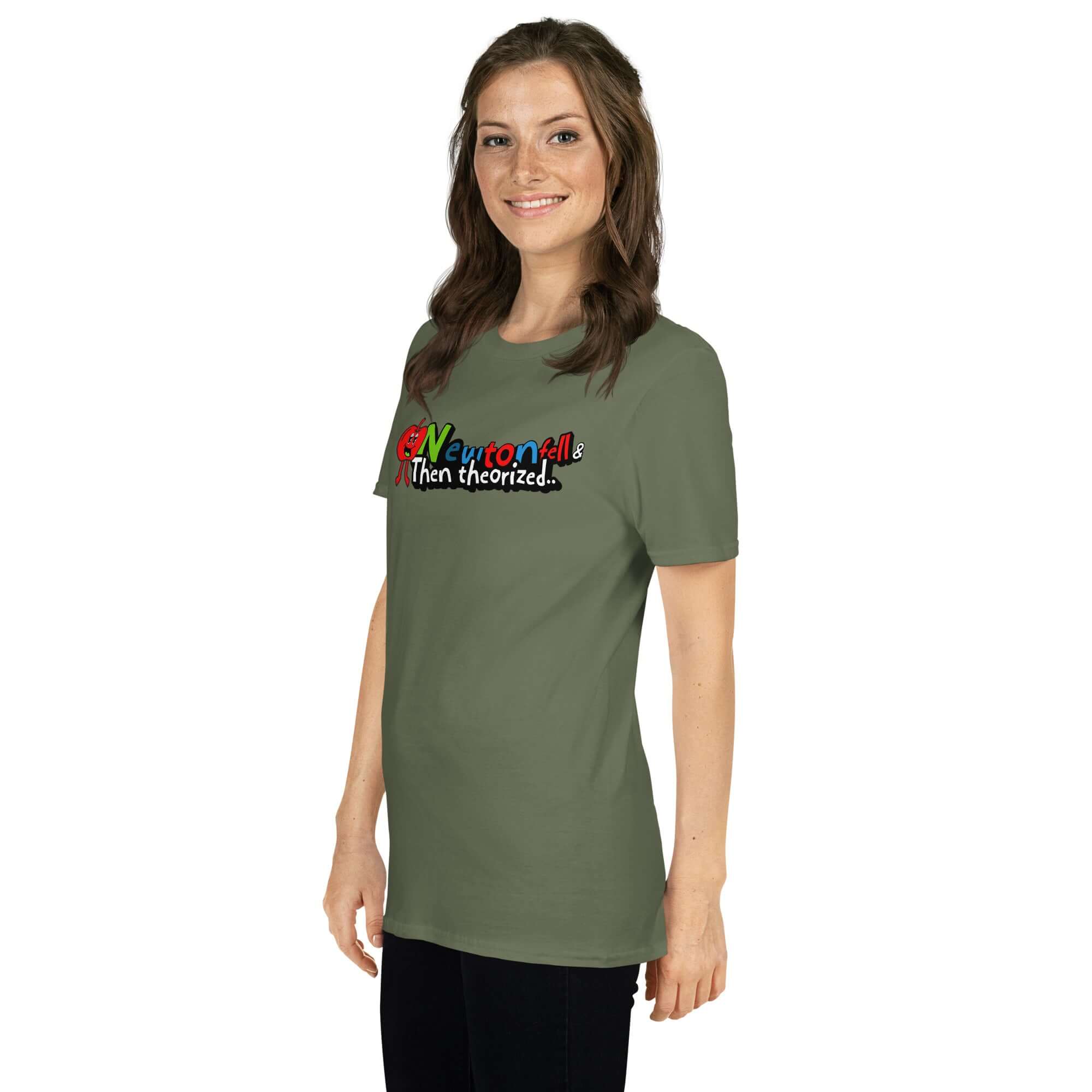 Woman wearing Newton Fell & Then Theorized t-shirt with cartoon apple design, celebrating physics history and humor.