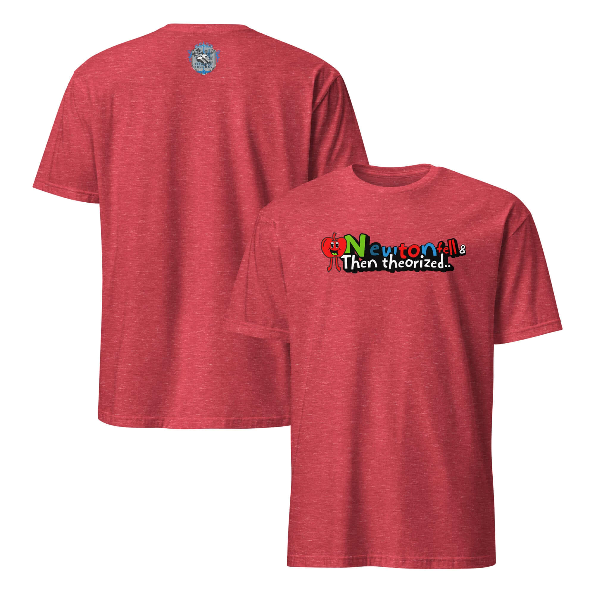 Red t-shirt with "Newton Fell & Then Theorized" print featuring a cartoon apple, celebrating physics history and humor.