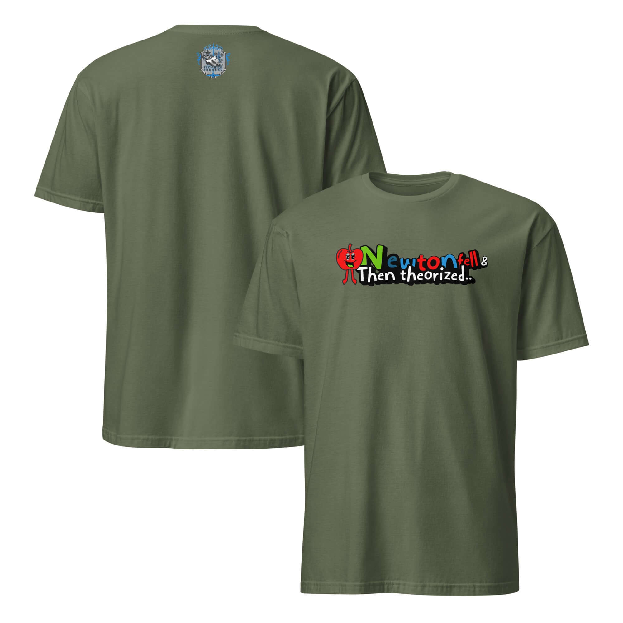 Newton Fell & Then Theorized T-Shirt with cartoon apple, celebrating physics history and humor.