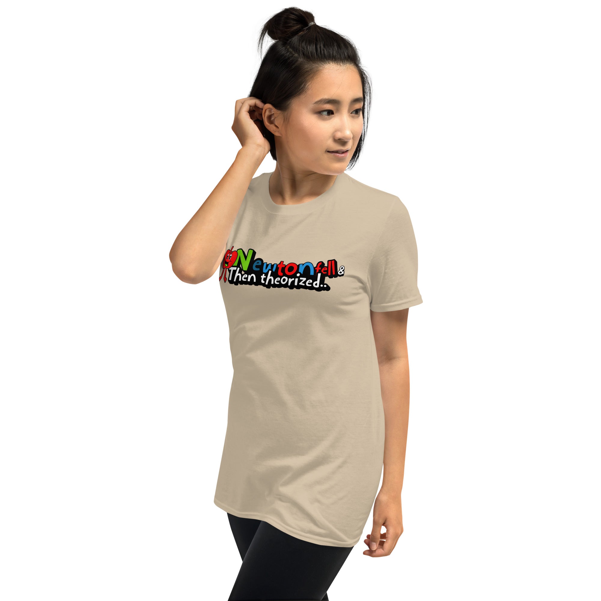 Woman wearing a 'Newton fell & Then theorized' t-shirt, featuring humorous physics history design with cartoon apple.