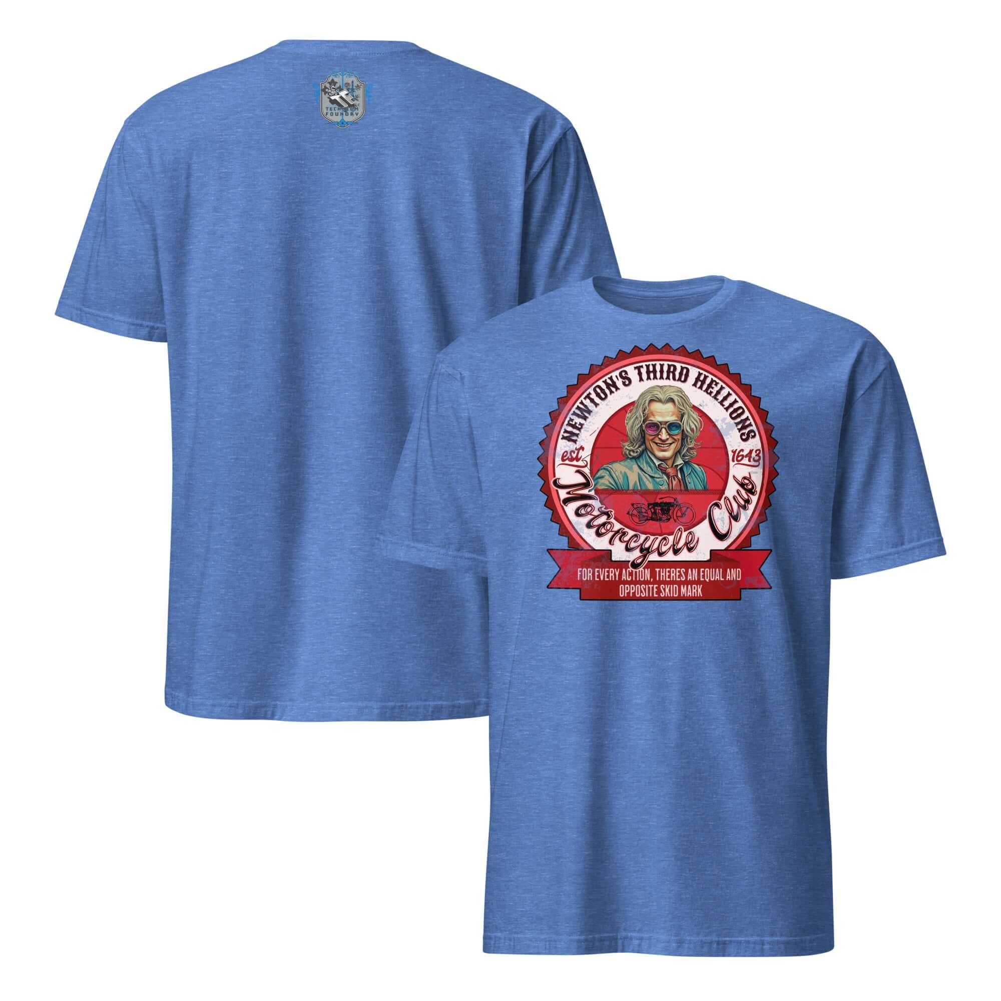 Newton's Third Hellions MC T-Shirt featuring vintage-style design with Isaac Newton as motorcycle club president, blue color.