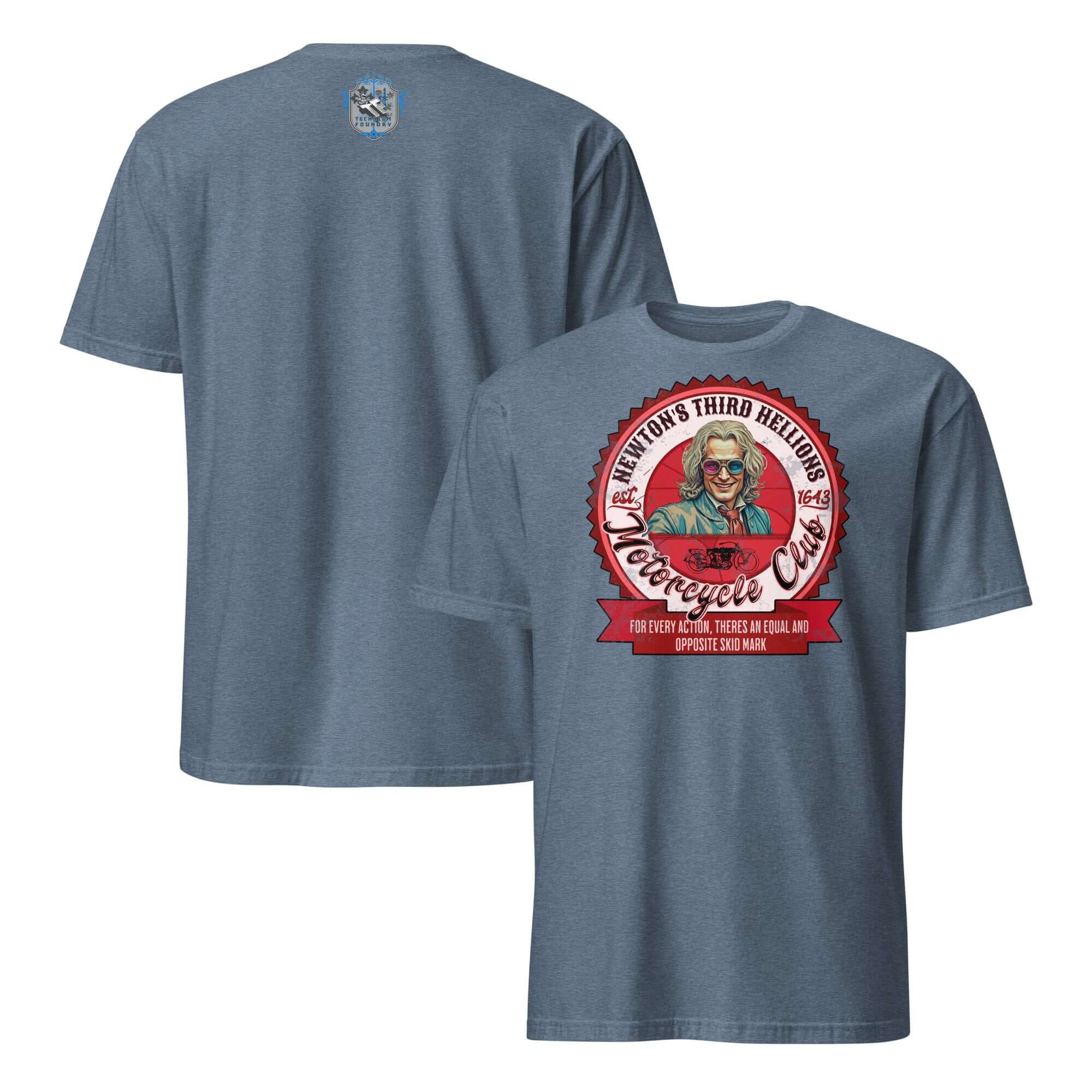Newton's Third Hellions MC T-Shirt with vintage motorcycle club patch design, featuring Isaac Newton in blue tee.
