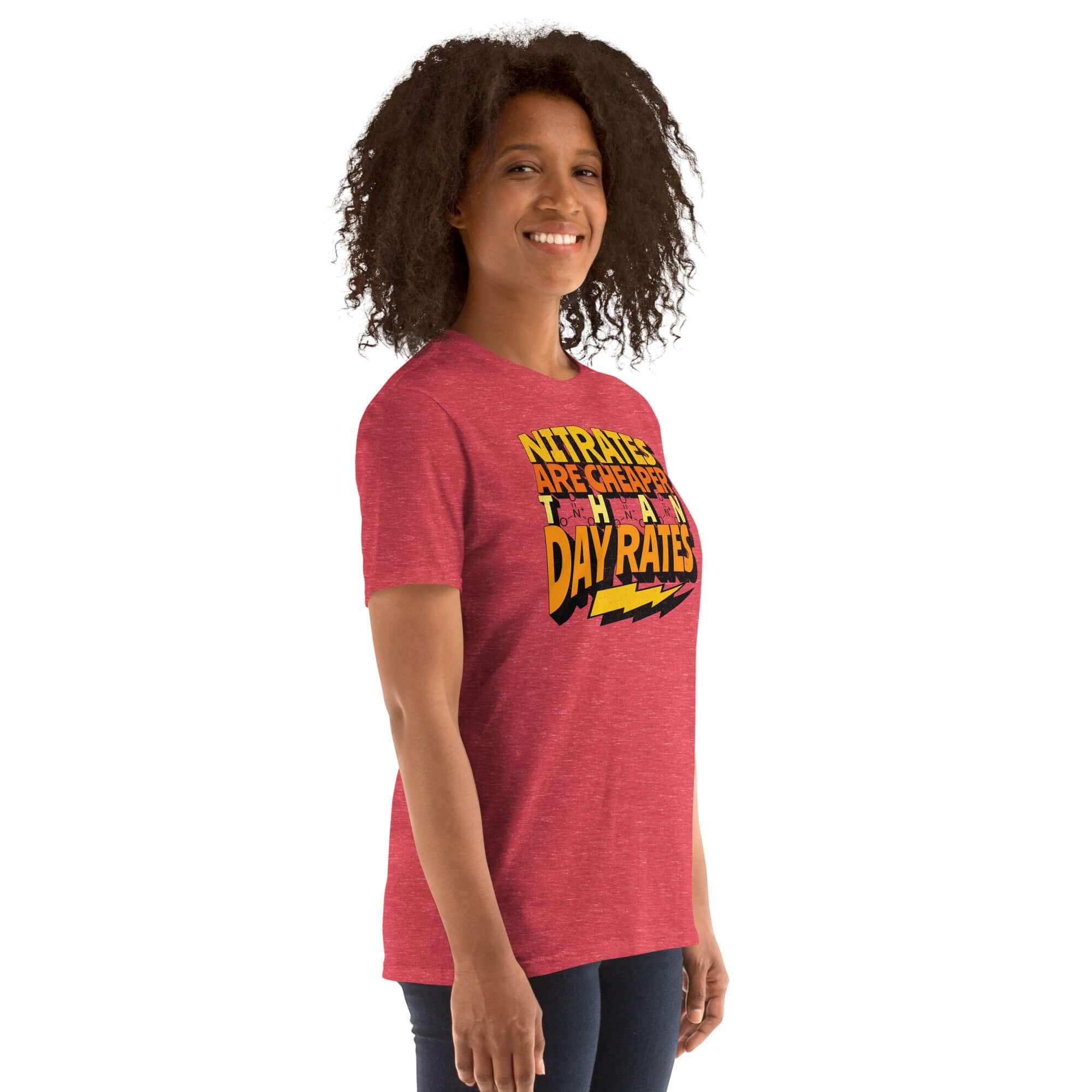 Person wearing a red 'Nitrates Are Cheaper Than Day Rates' chemistry humor t-shirt featuring bold yellow typography.