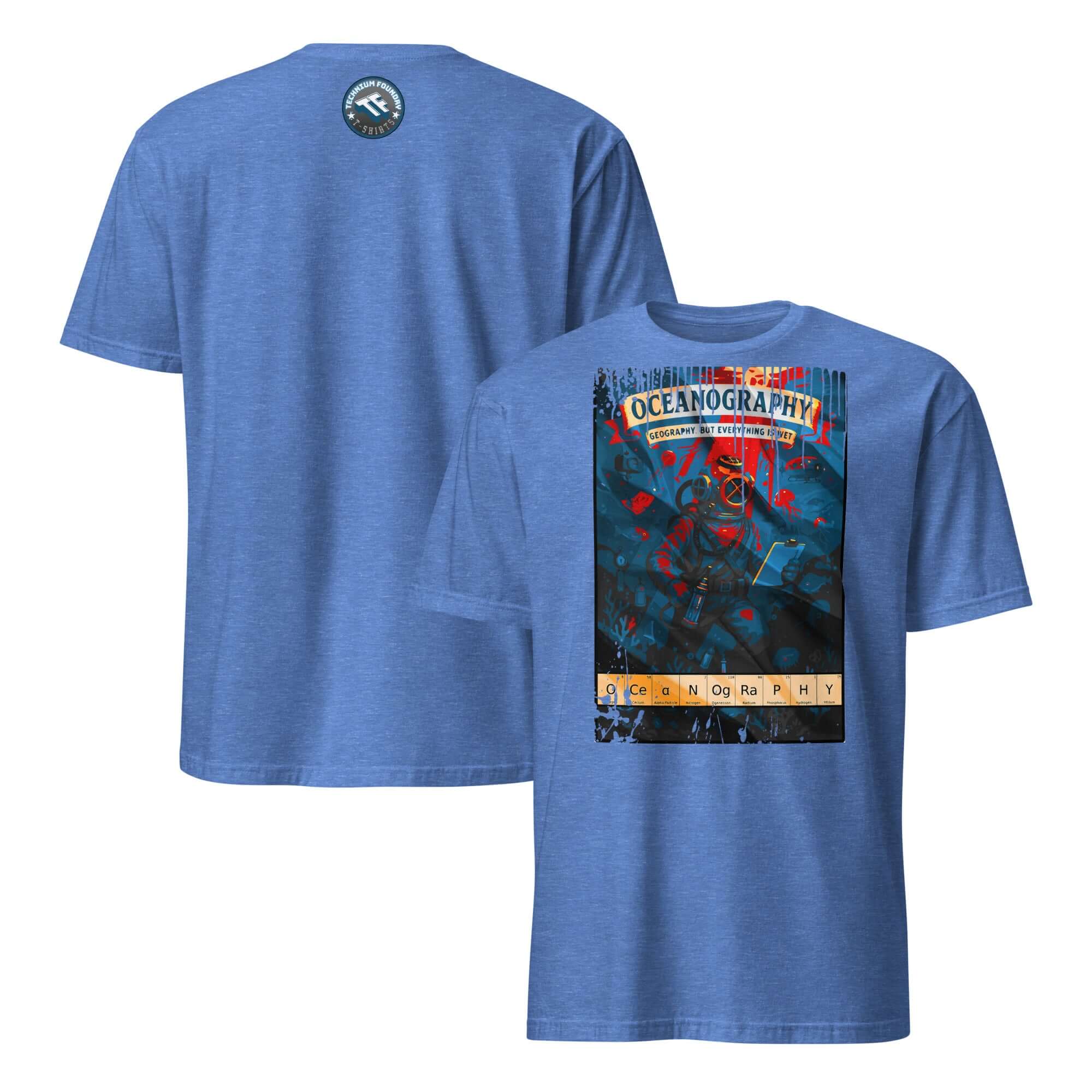 Alt Tag: Oceanography T-Shirt featuring vintage diving design, highlighting marine science adventure with brass diving gear imagery.