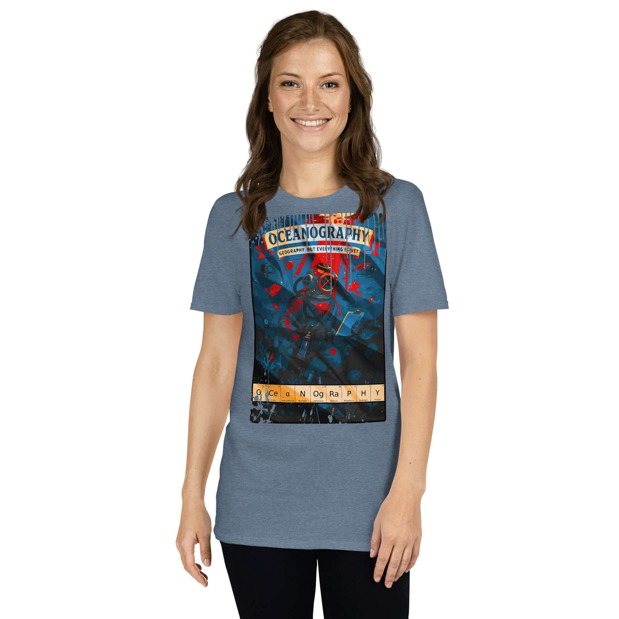 Model wearing Oceanography T-Shirt with vintage expedition poster design, "Geography But Everything Wet" theme, marine science inspired.